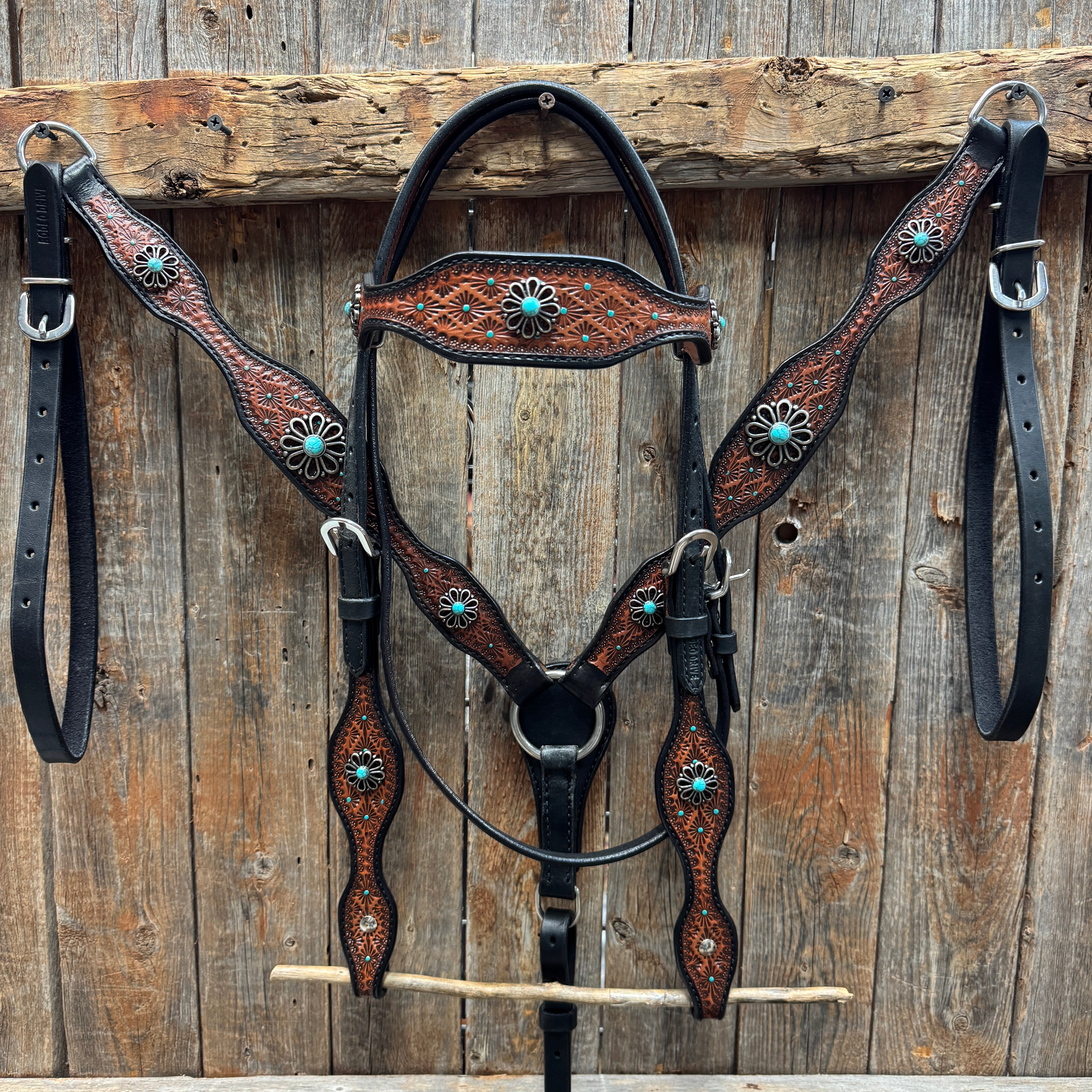 Teal Diamond and Turquoise Flower Browband / One Ear - Breastcollar Tack Set #BBBC643