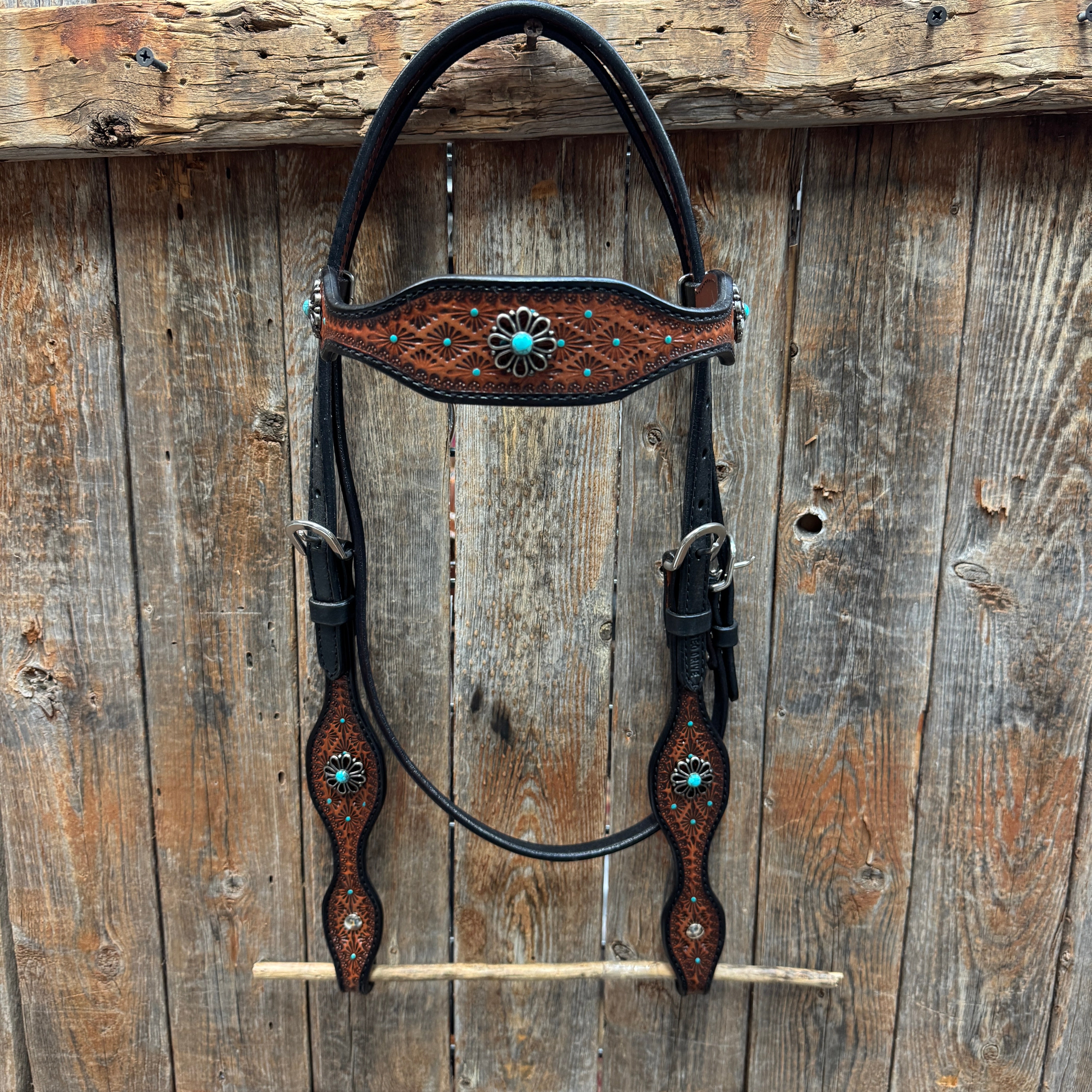 Teal Diamond and Turquoise Flower Browband / One Ear - Breastcollar Tack Set #BBBC643