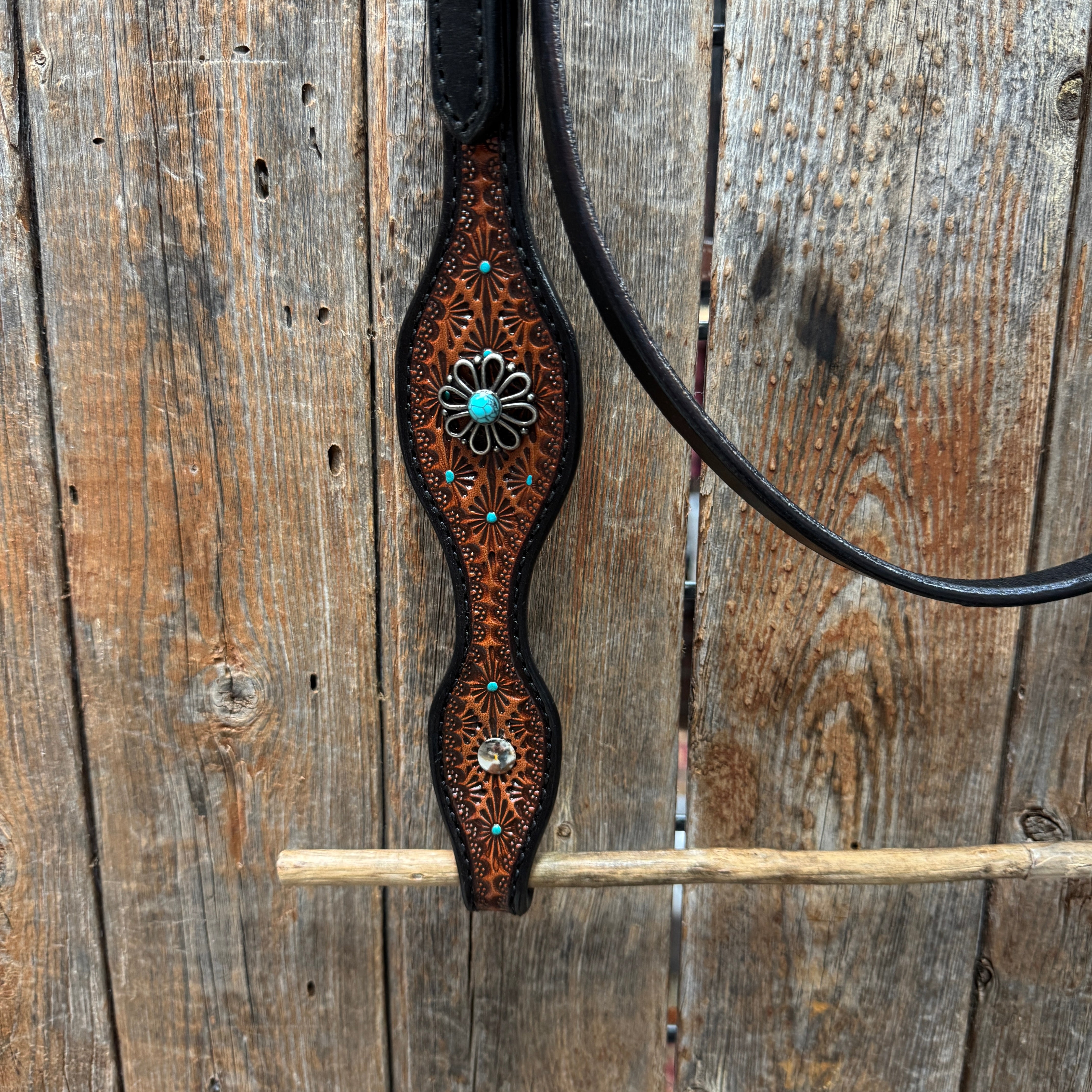 Teal Diamond and Turquoise Flower Browband / One Ear - Breastcollar Tack Set #BBBC643