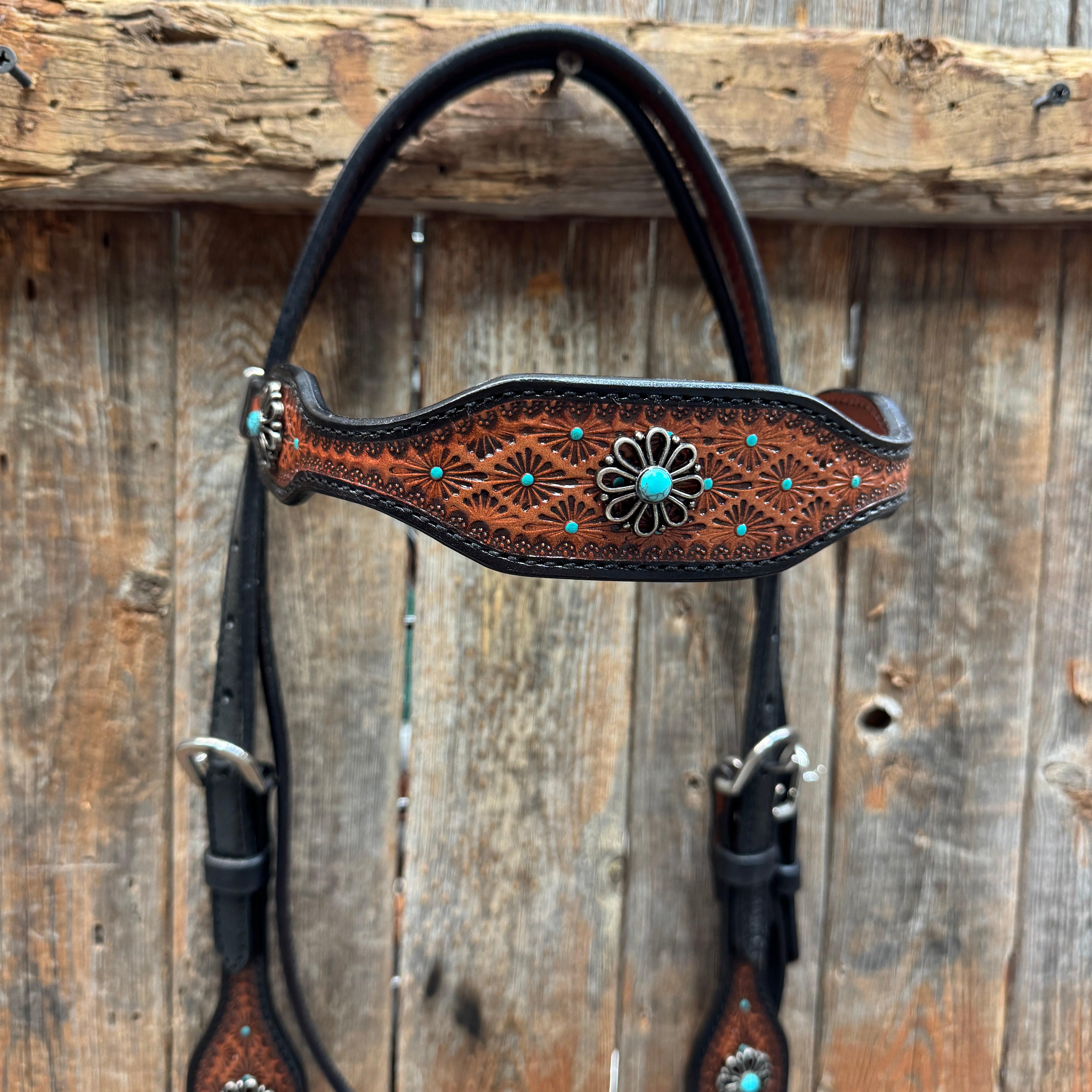 Teal Diamond and Turquoise Flower Browband / One Ear - Breastcollar Tack Set #BBBC643
