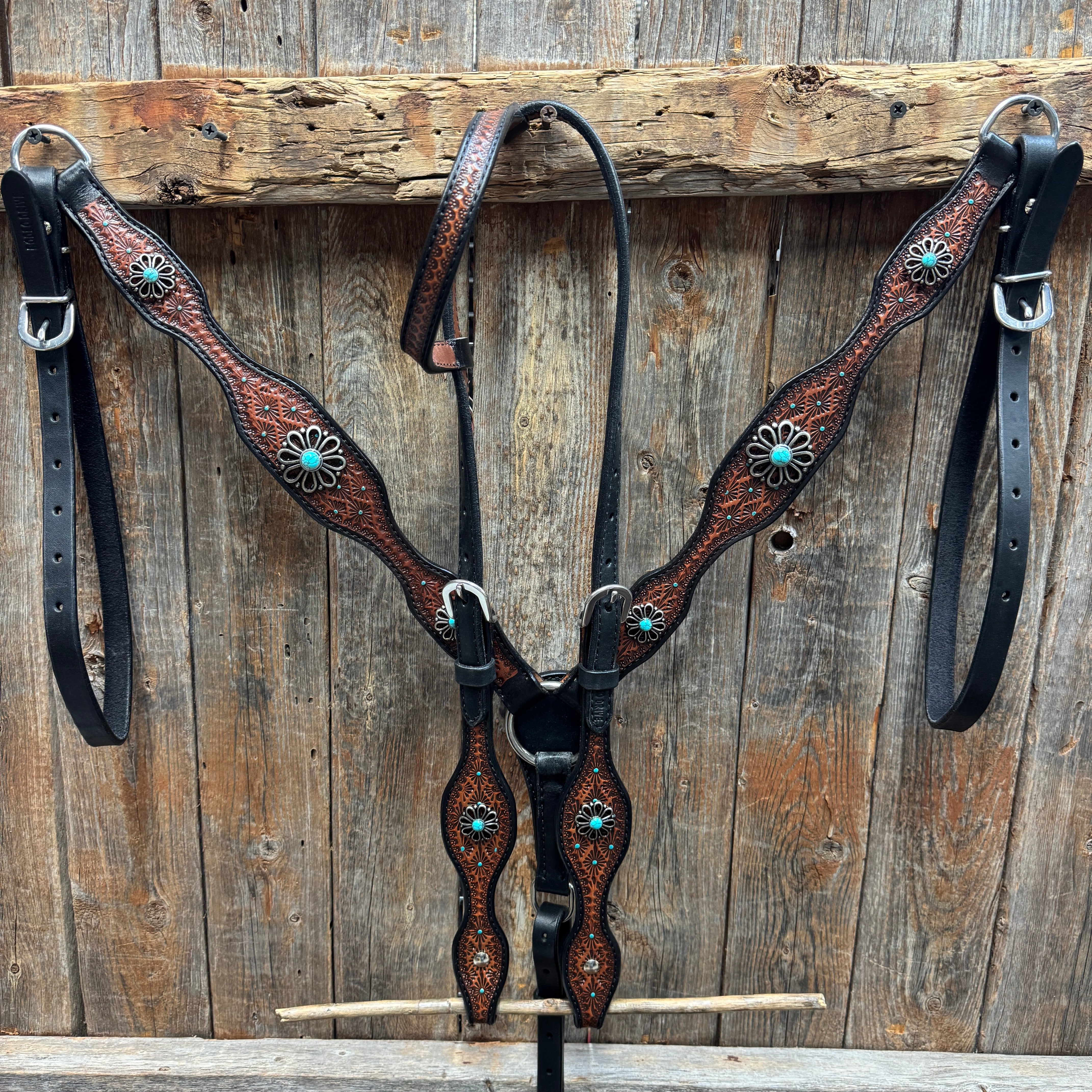 Teal Diamond and Turquoise Flower Browband / One Ear - Breastcollar Tack Set #BBBC643