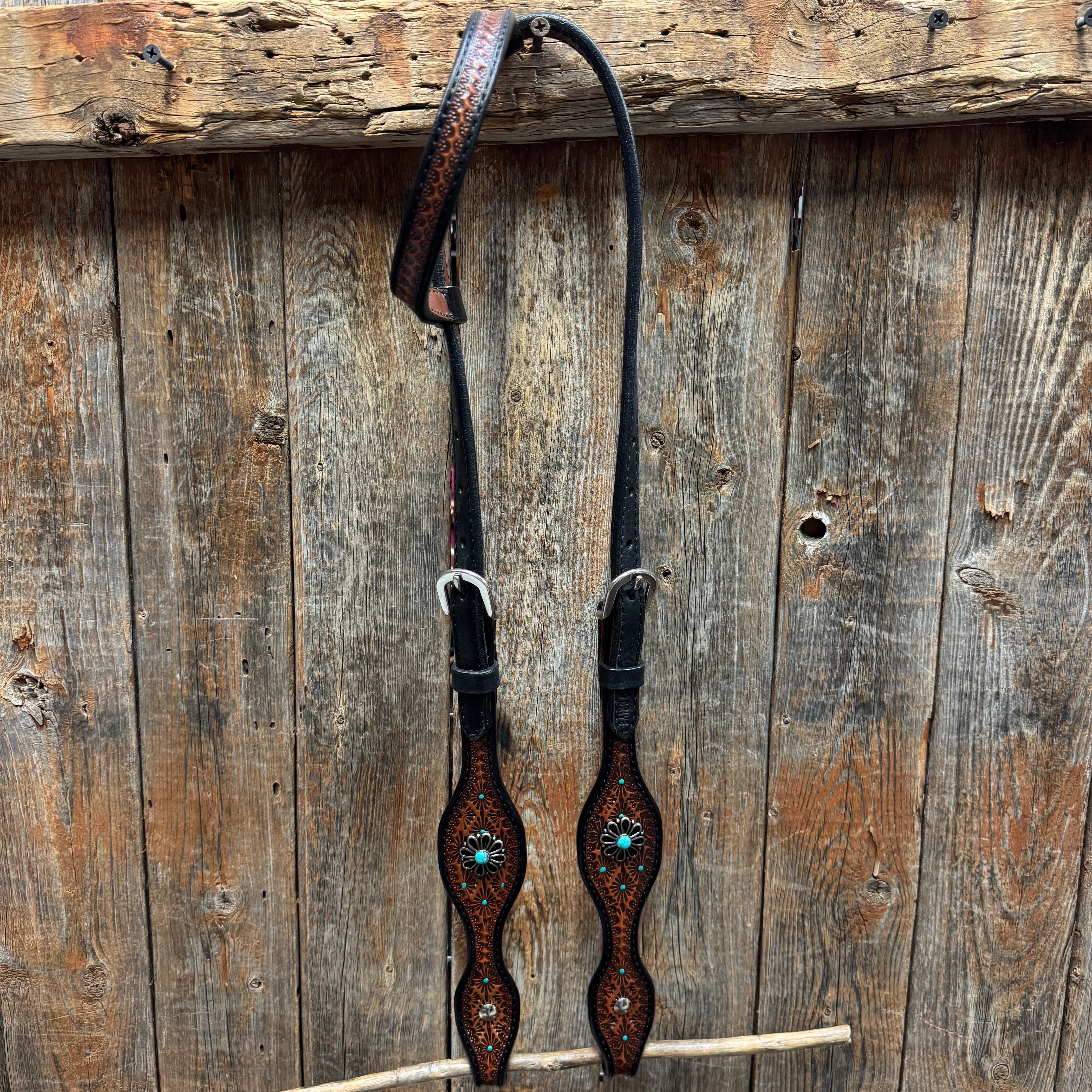 Teal Diamond and Turquoise Flower Browband / One Ear - Breastcollar Tack Set #BBBC643