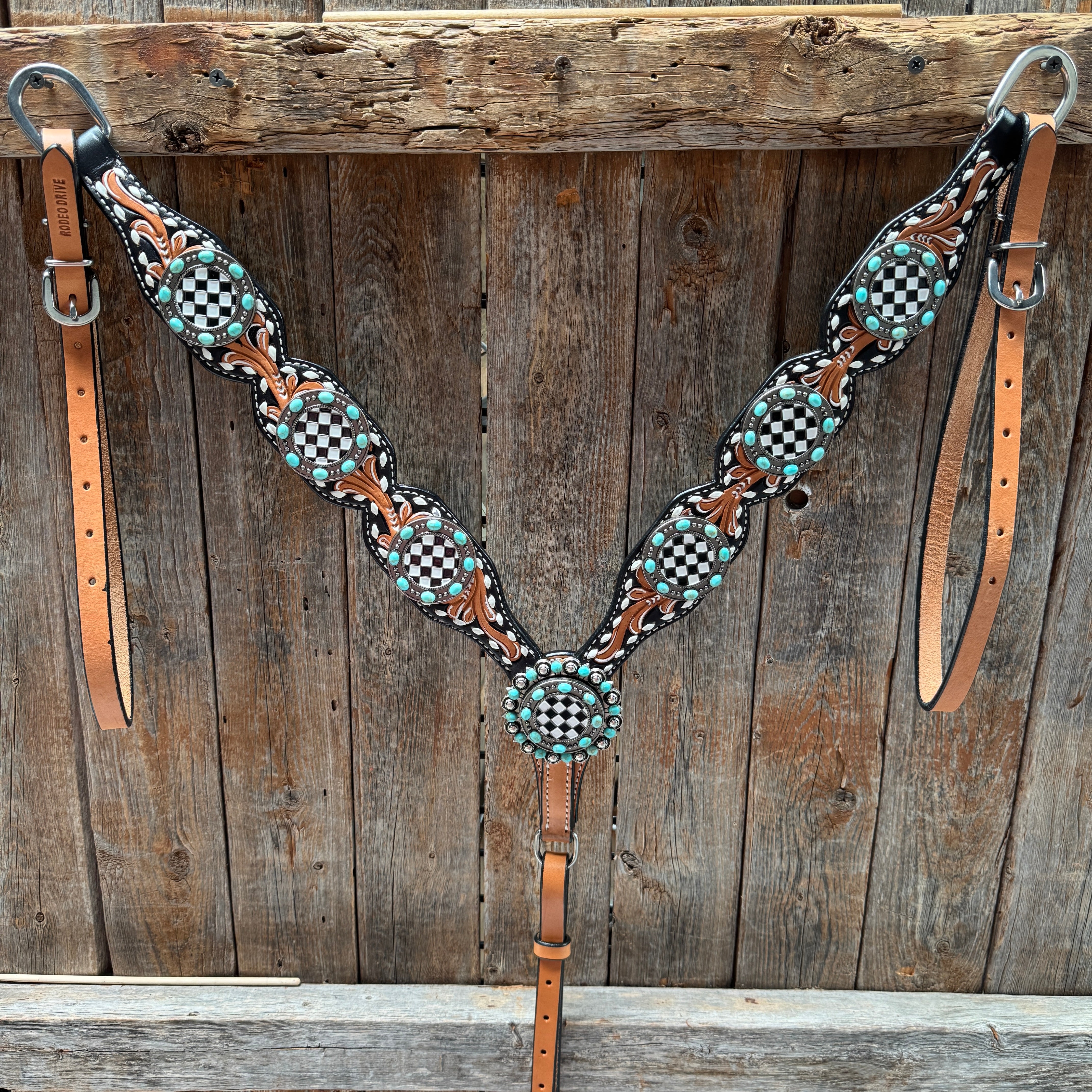 Vintage Checkered and Turquoise Browband Tack Set | BBBC502