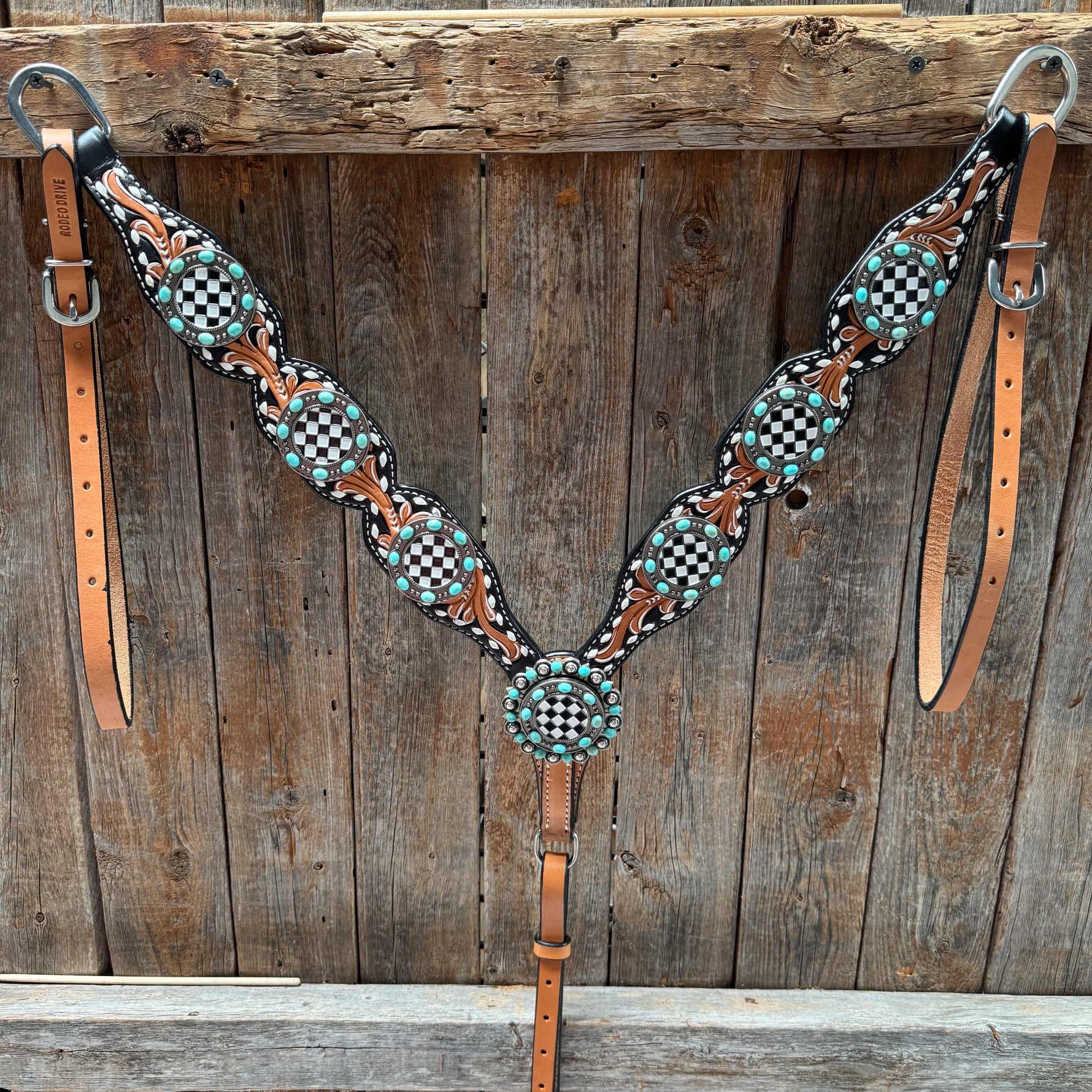 Vintage Checkered and Turquoise Browband Tack Set | BBBC502