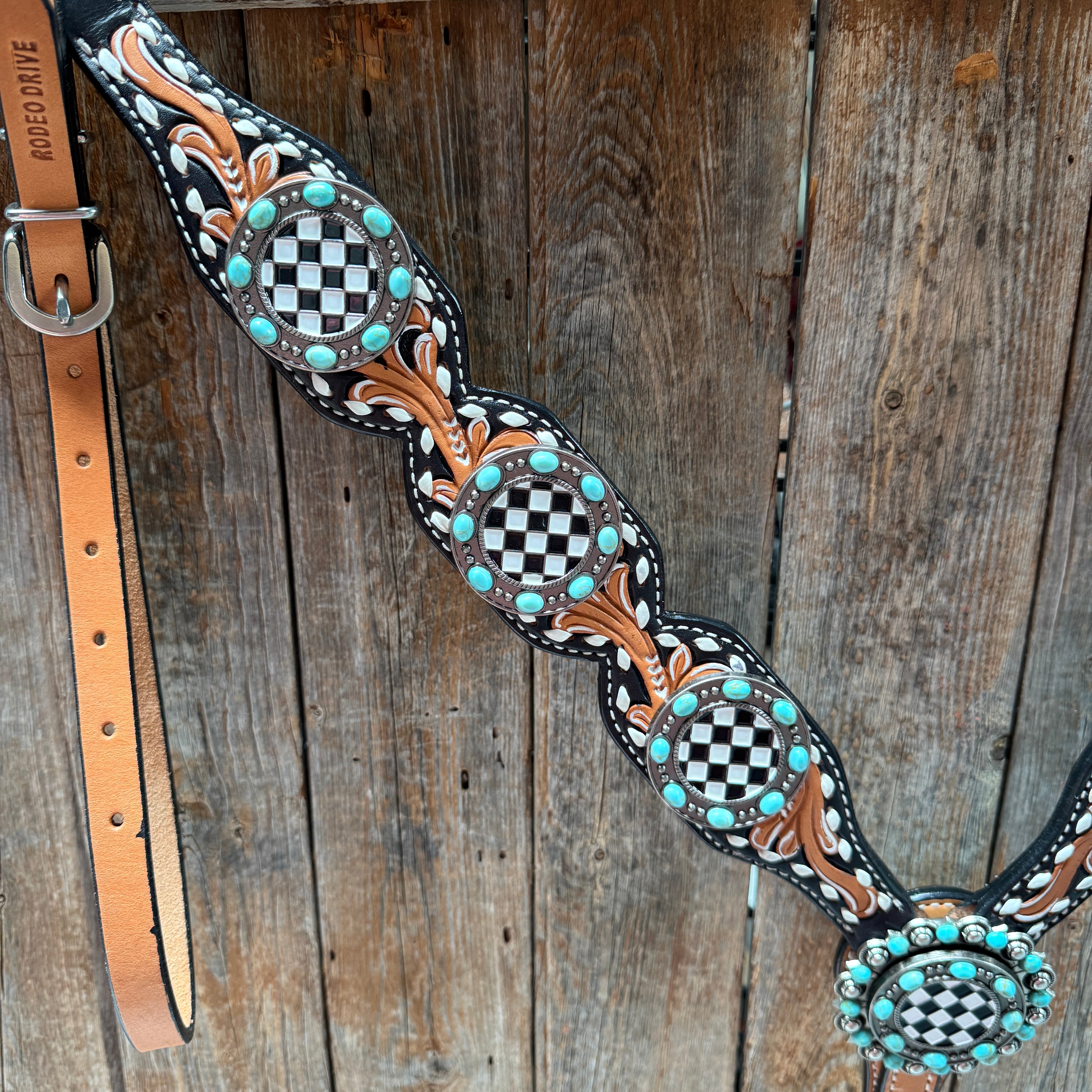 Vintage Checkered and Turquoise Browband Tack Set | BBBC502