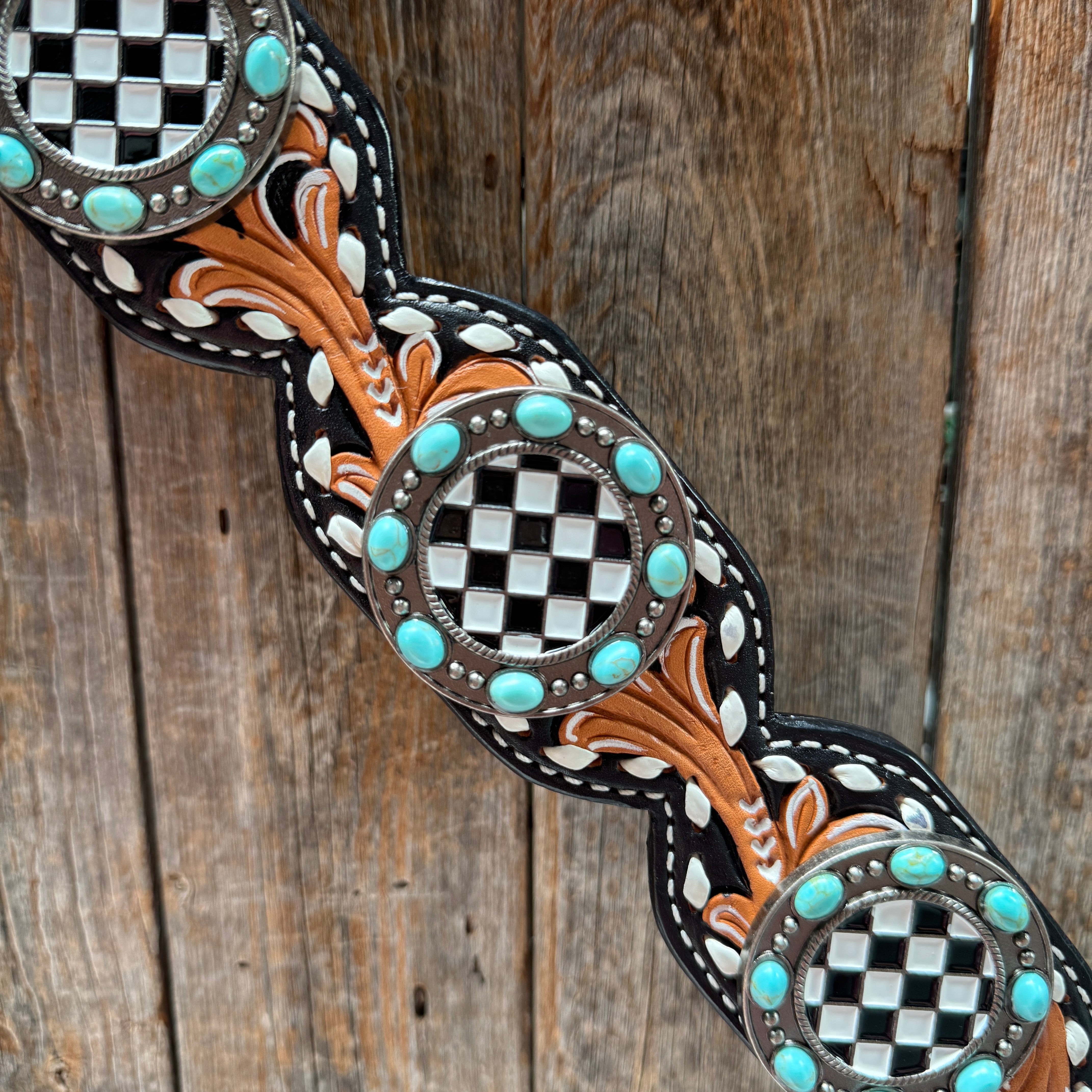 Vintage Checkered and Turquoise Browband Tack Set | BBBC502