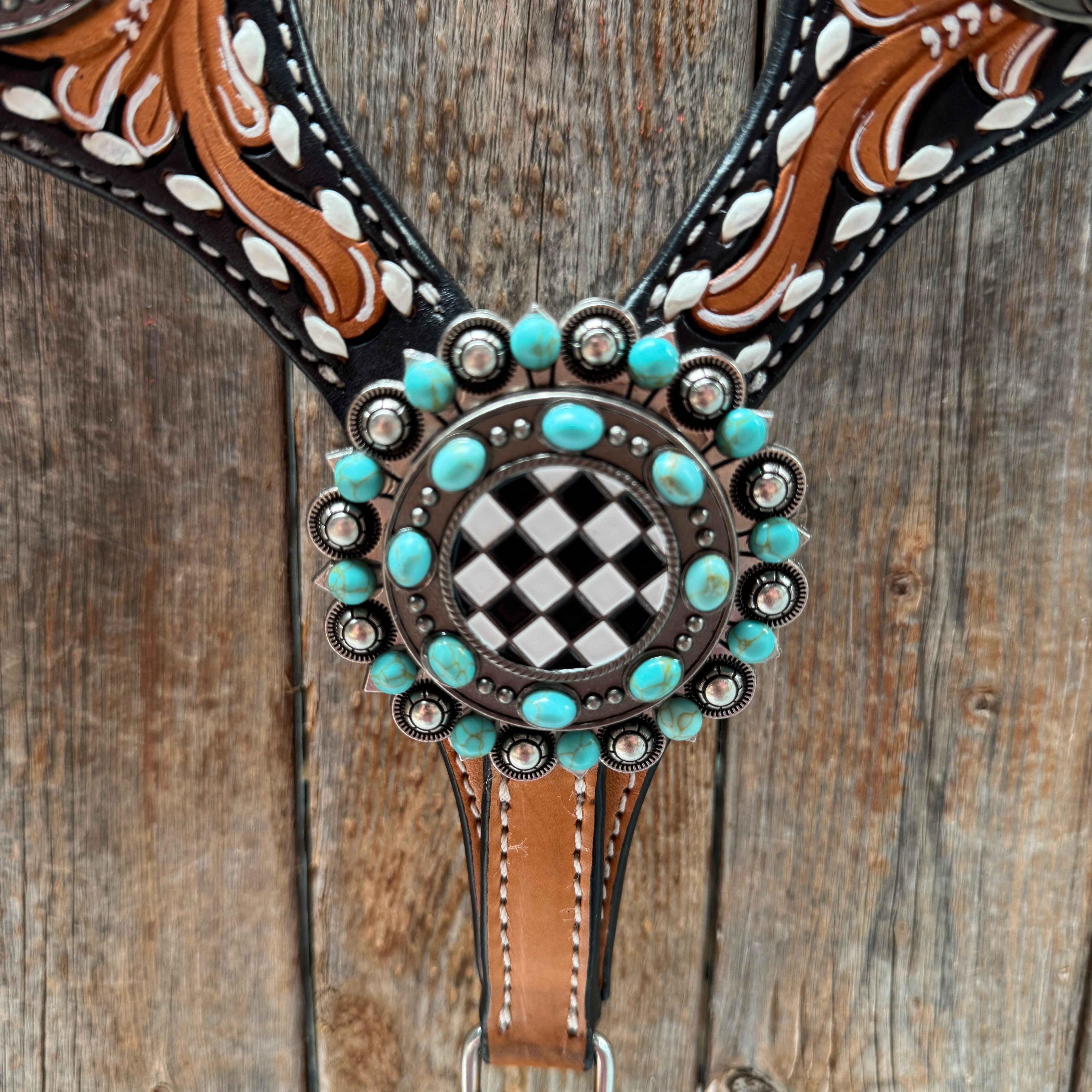 Vintage Checkered and Turquoise Browband Tack Set | BBBC502