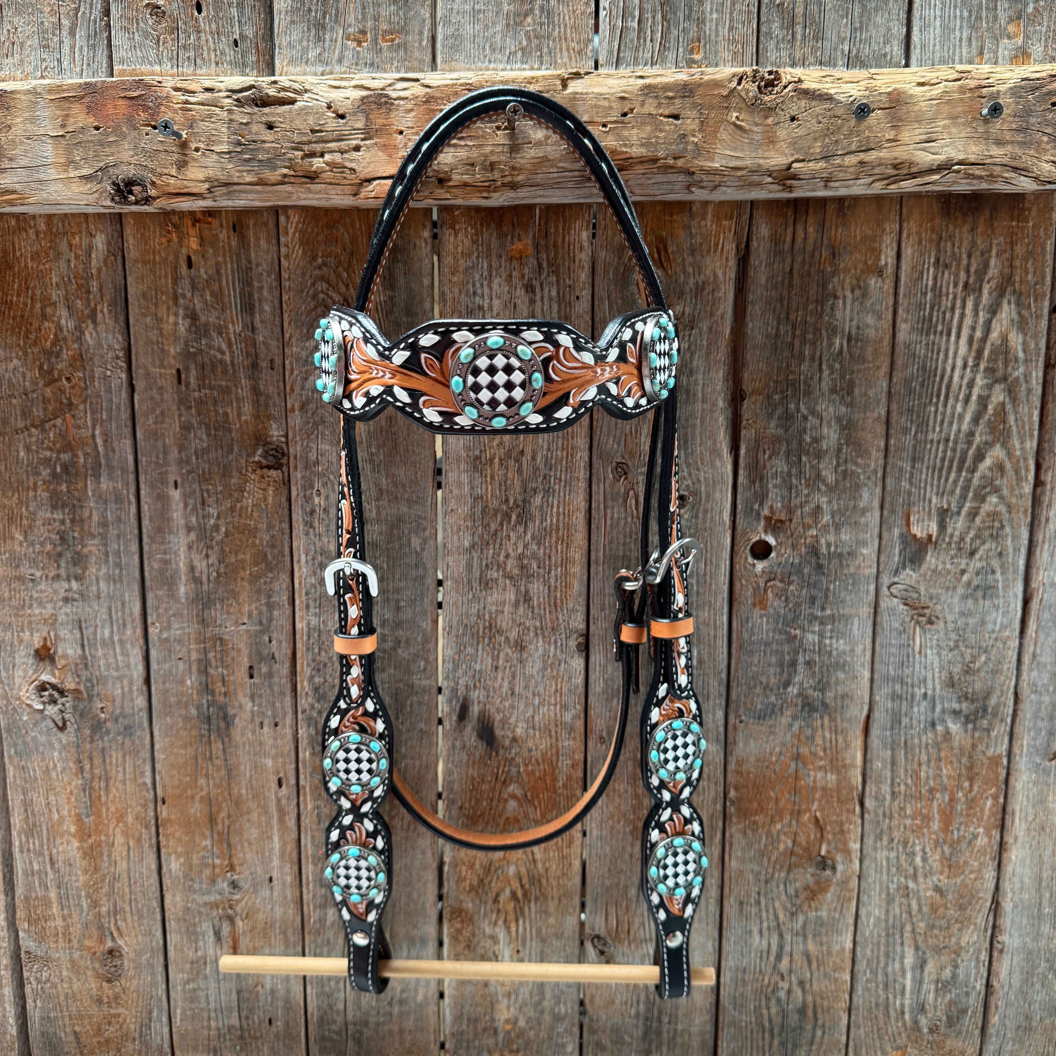 Vintage Checkered and Turquoise Browband Tack Set | BBBC502