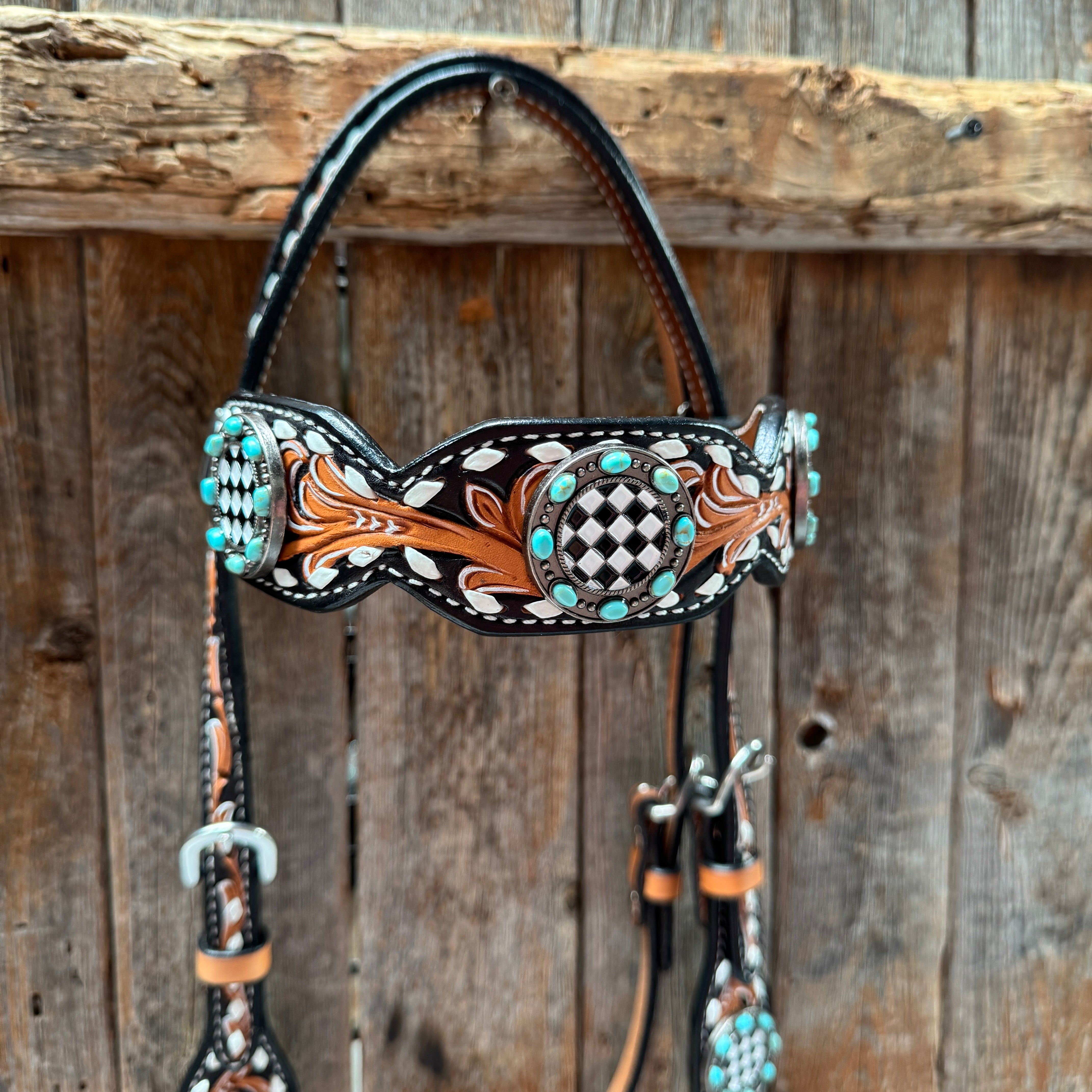 Vintage Checkered and Turquoise Browband Tack Set | BBBC502