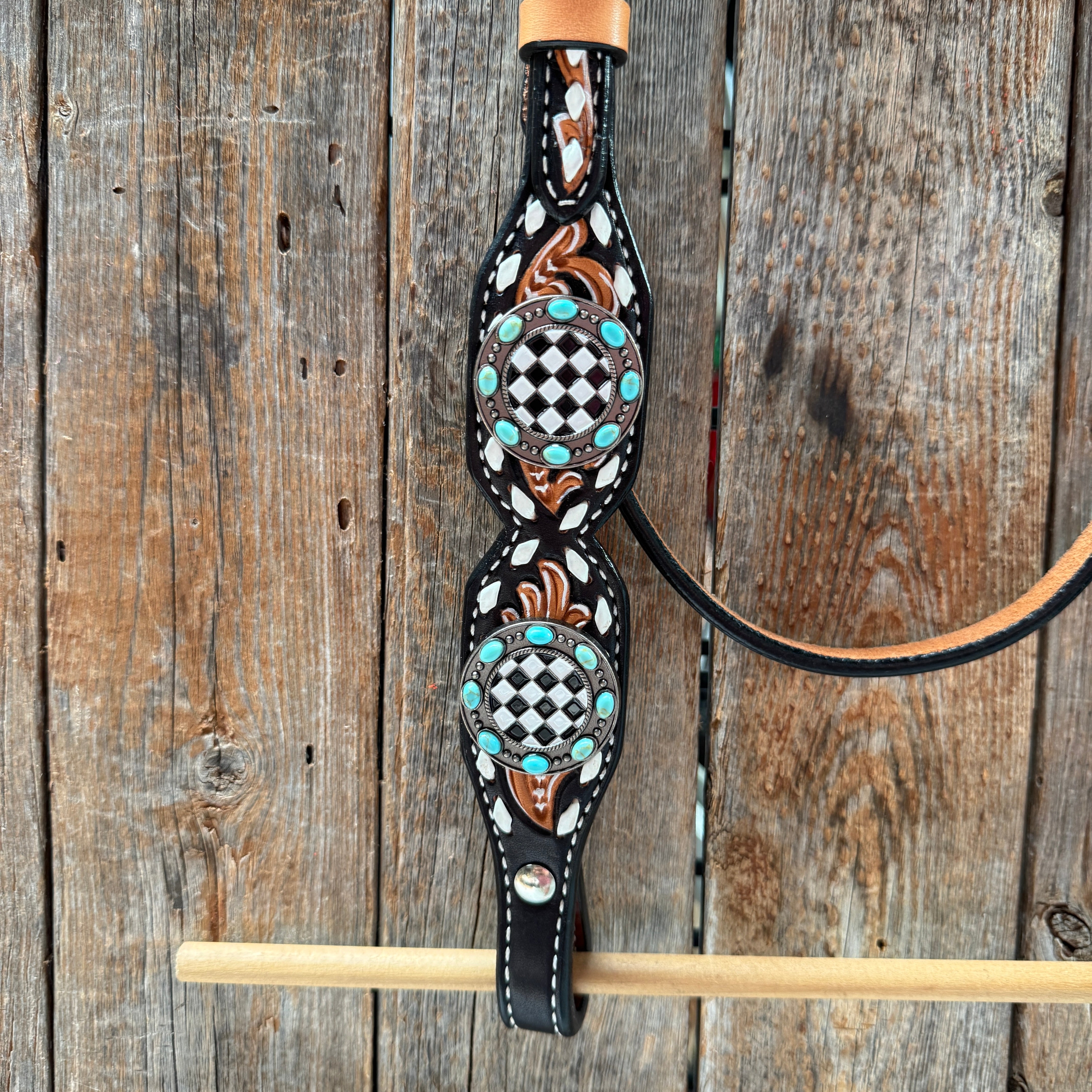 Vintage Checkered and Turquoise Browband Tack Set | BBBC502