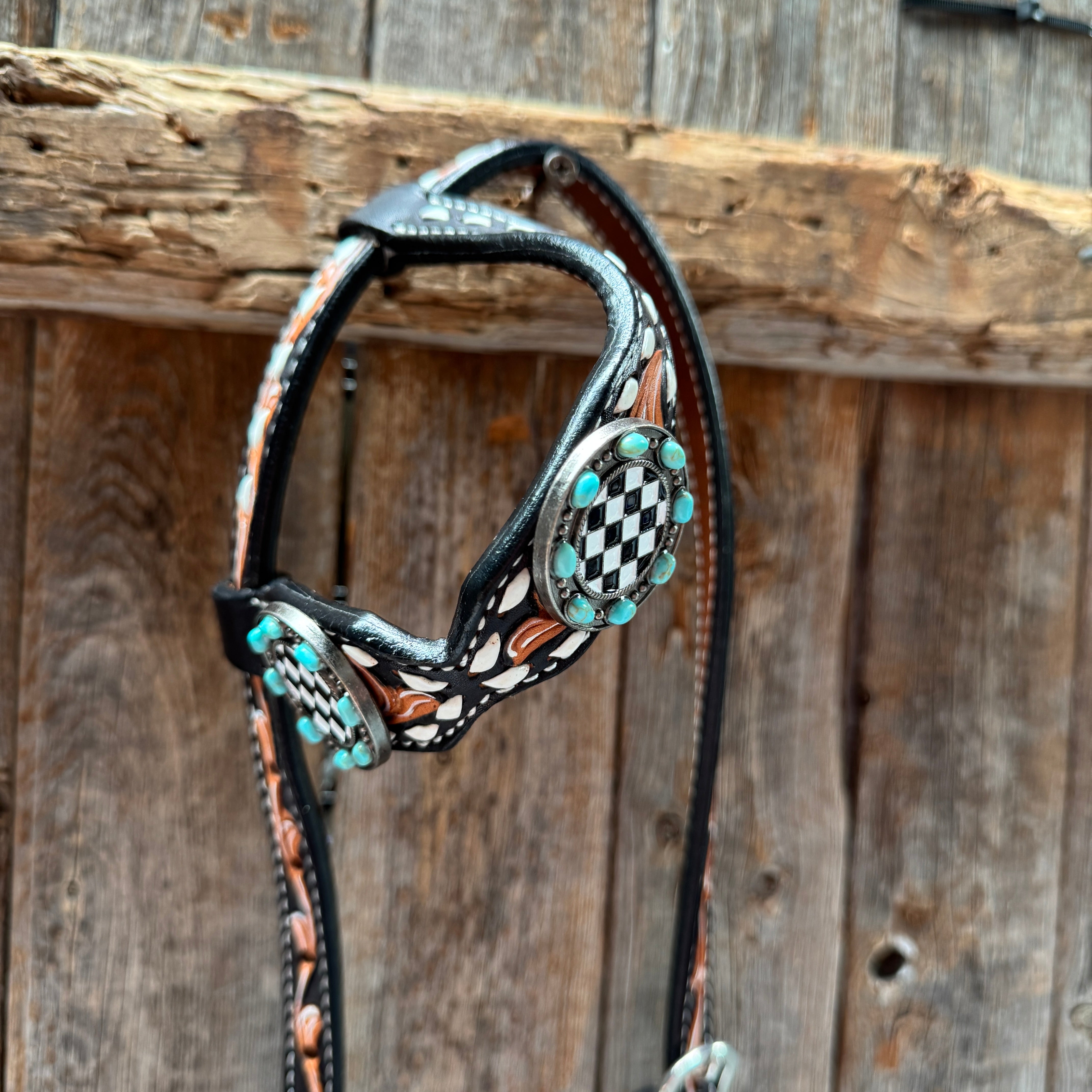 Vintage Checkered and Turquoise Browband Tack Set | BBBC502