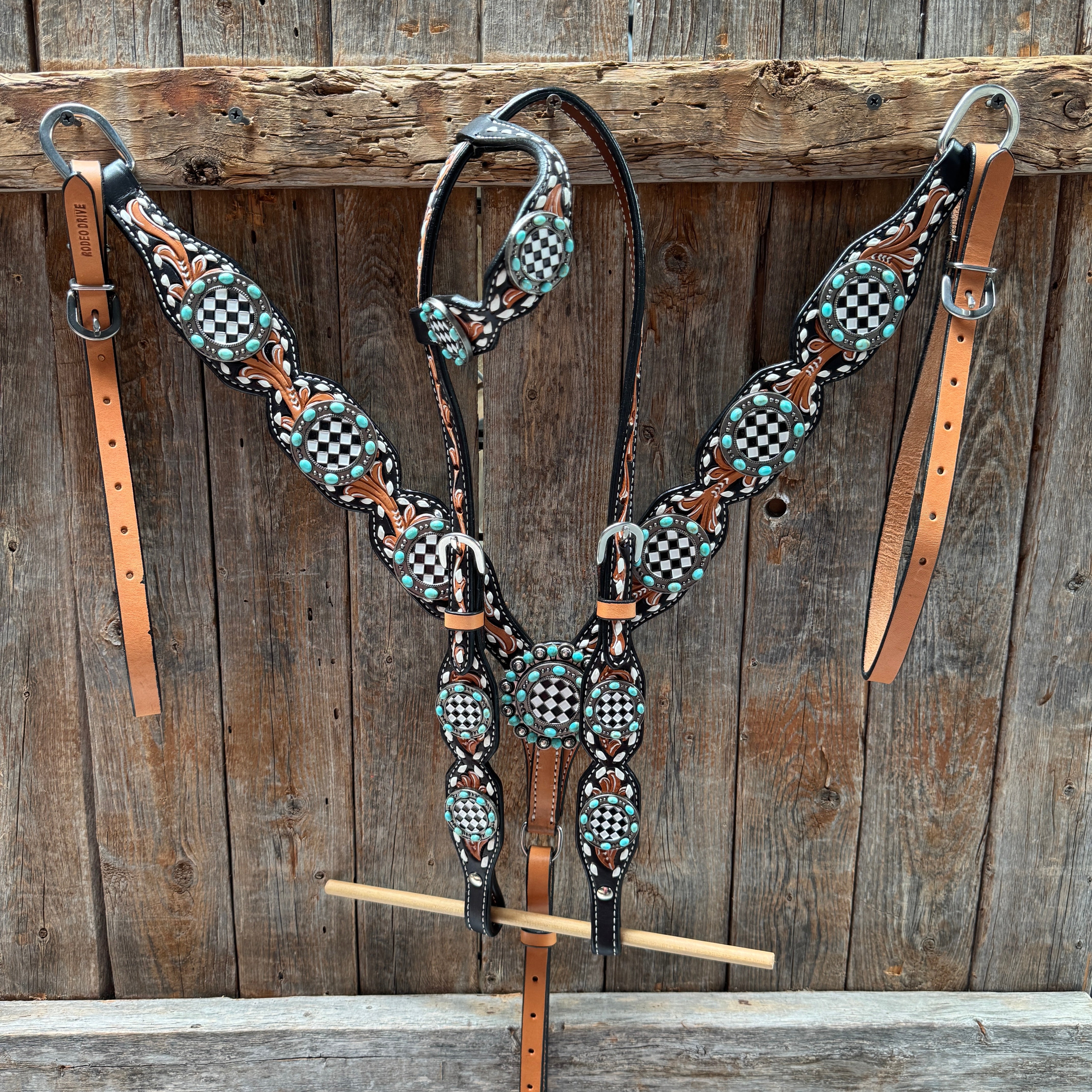 Vintage Checkered and Turquoise Browband Tack Set | BBBC502