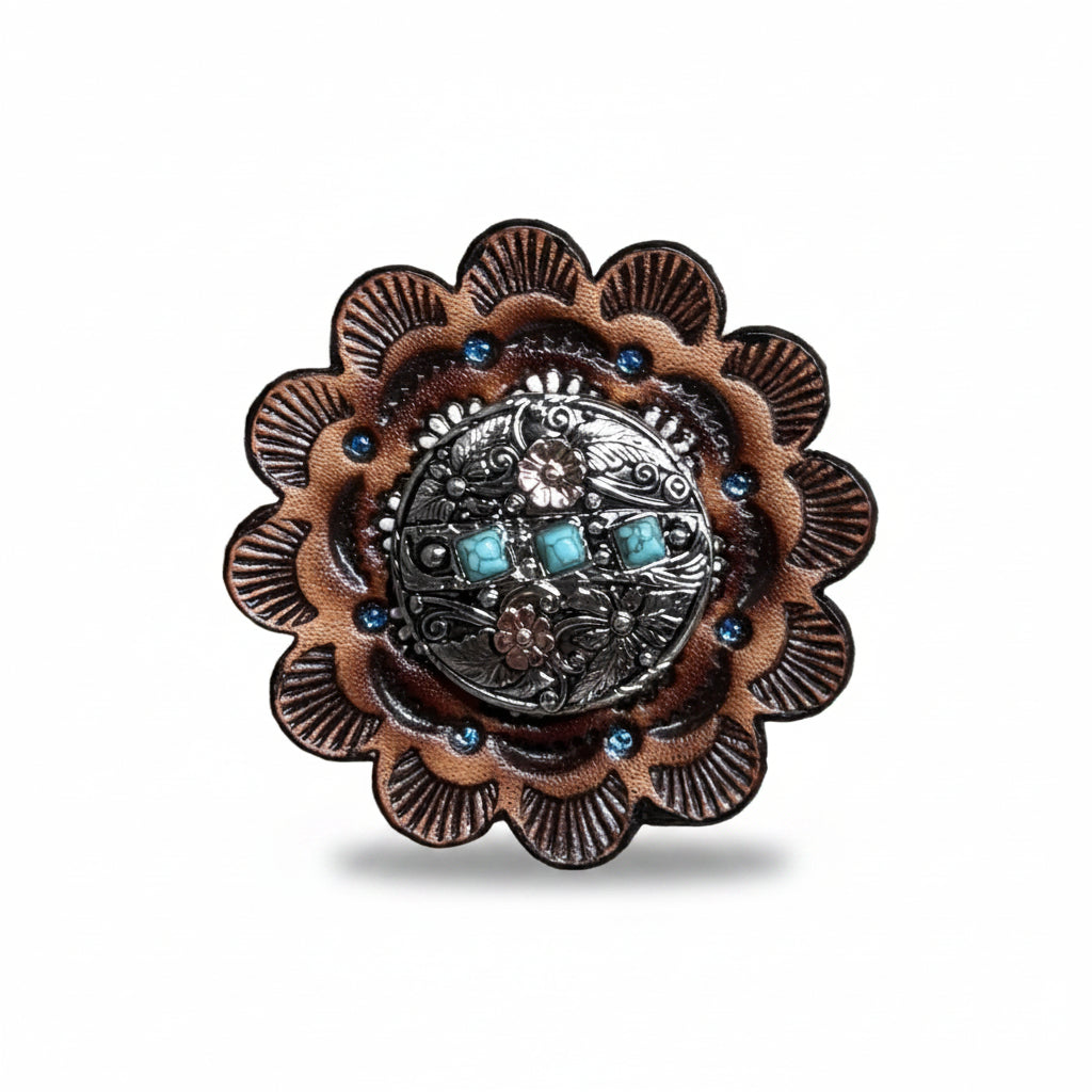 Antique Silver and Copper Turquoise Floral Western Conchos W245