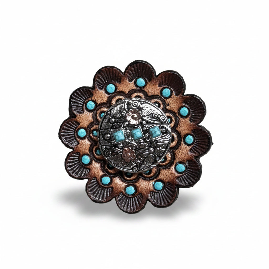 Antique Silver and Copper Turquoise Floral Western Conchos W245