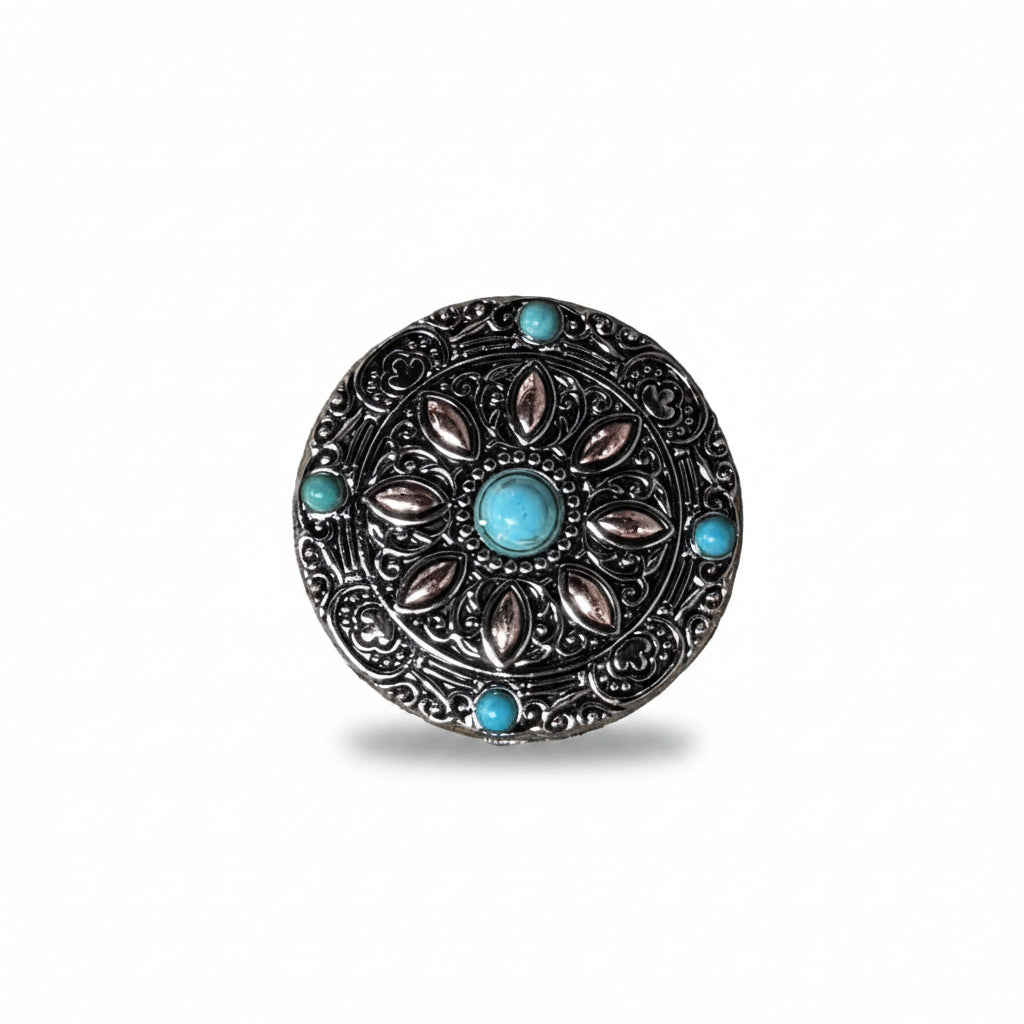 Antique Silver with Copper Petals and Turquoise Western Concho W246