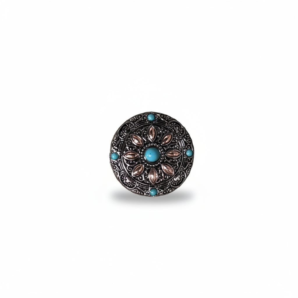 Antique Silver with Copper Petals and Turquoise Western Concho W246