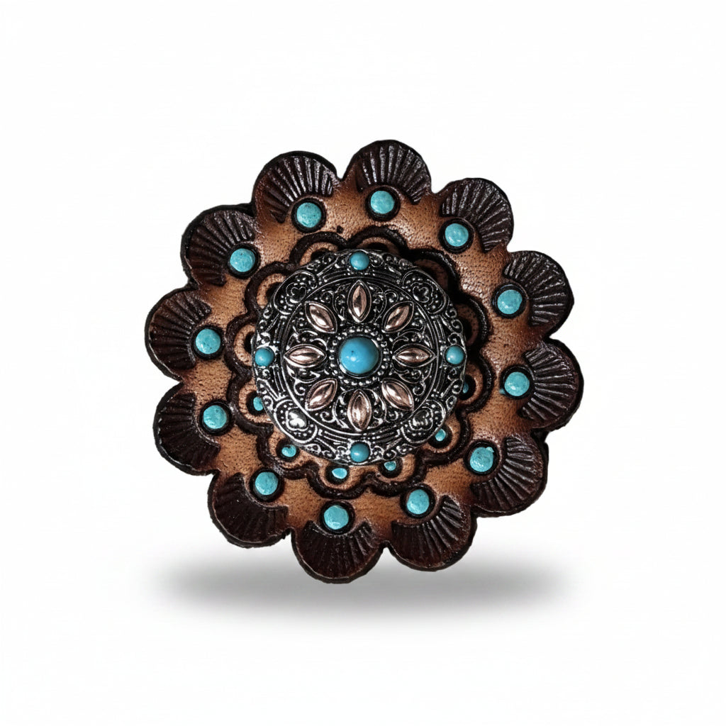 Antique Silver with Copper Petals and Turquoise Western Concho W246