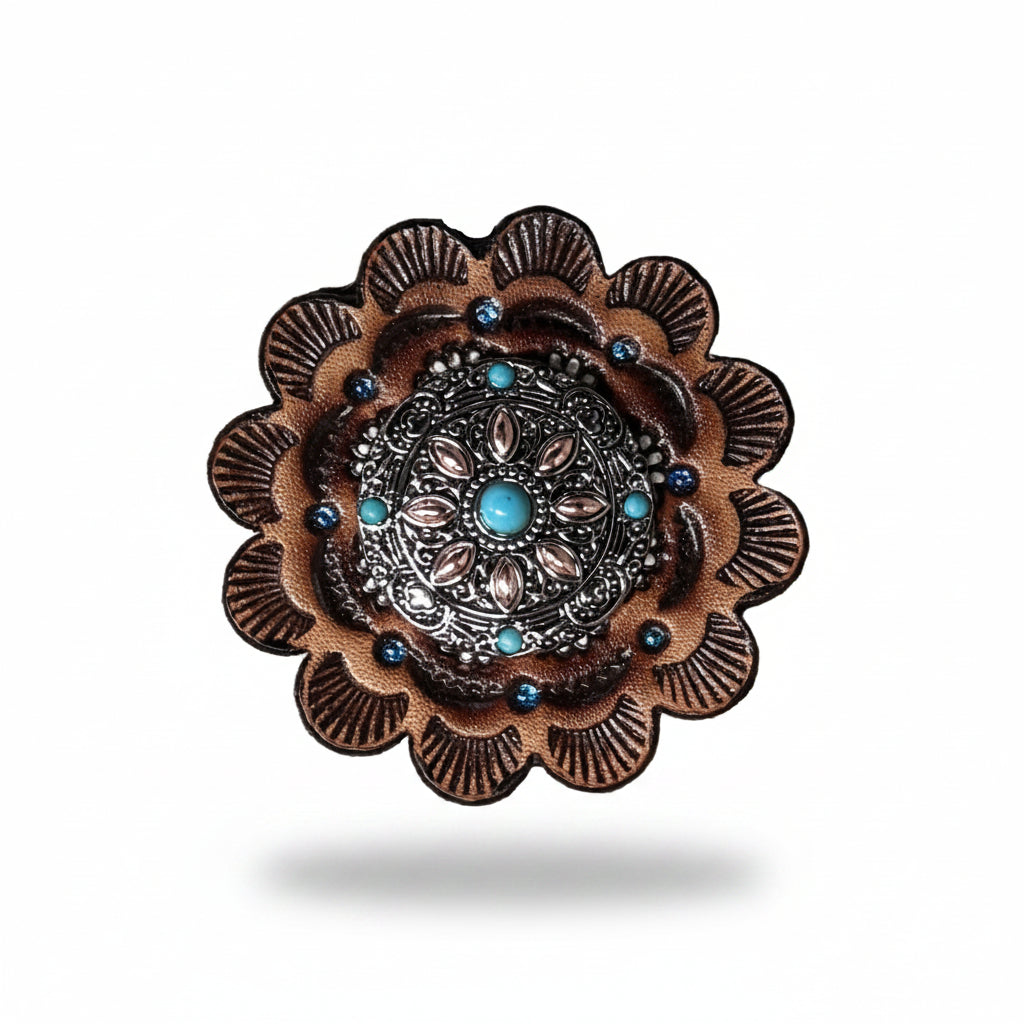 Antique Silver with Copper Petals and Turquoise Western Concho W246