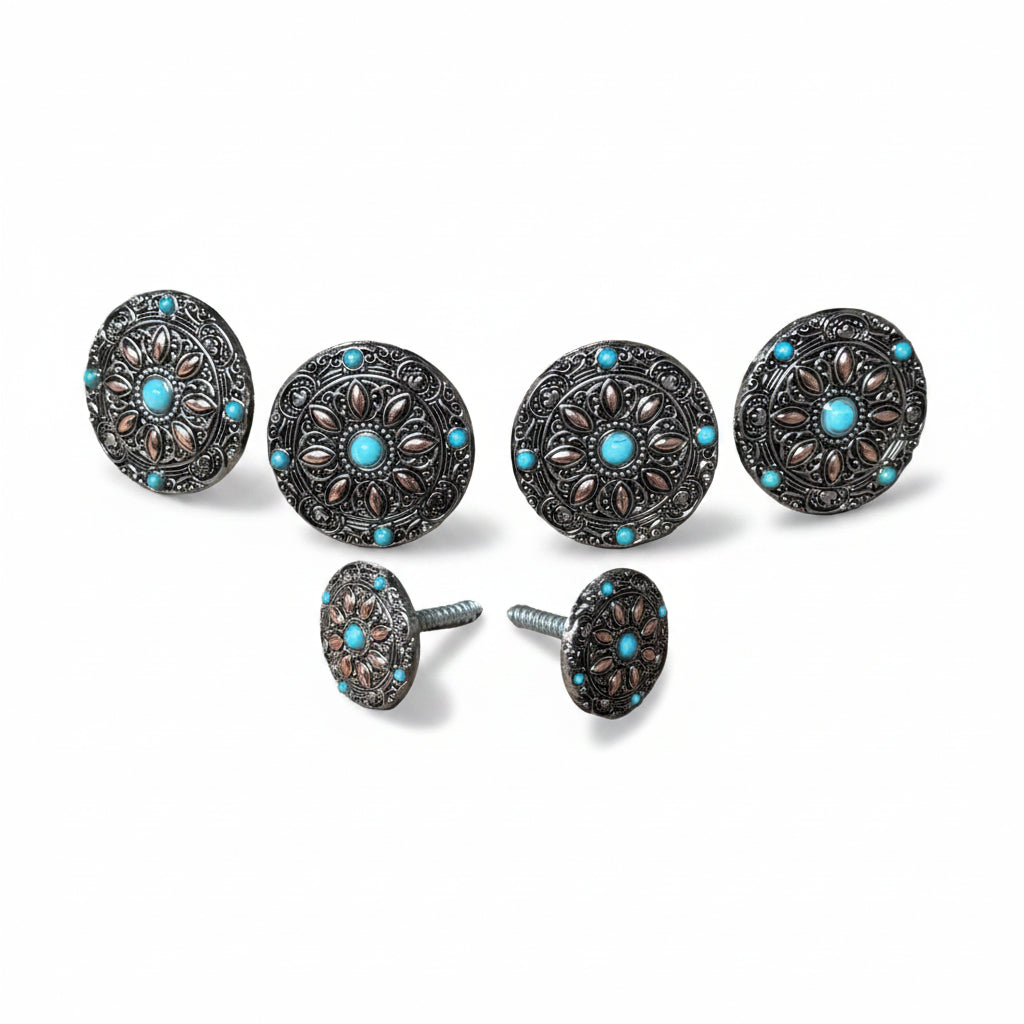 Antique Silver with Copper Petals and Turquoise Western Concho W246
