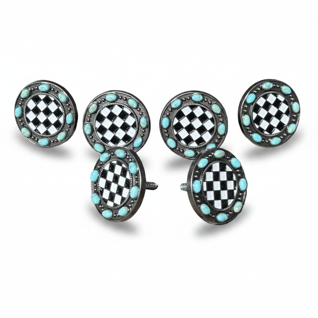 Black and White Checkered Turquoise Concho #W273