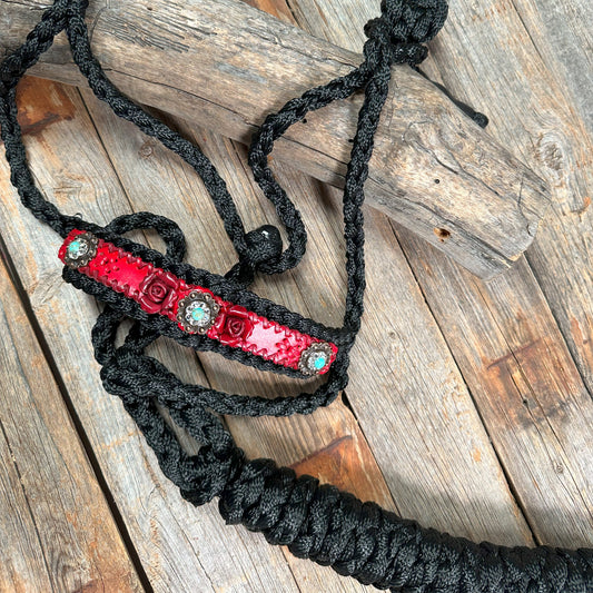 Black Mule Tape Halter - Red Rose and Turquoise #MT220