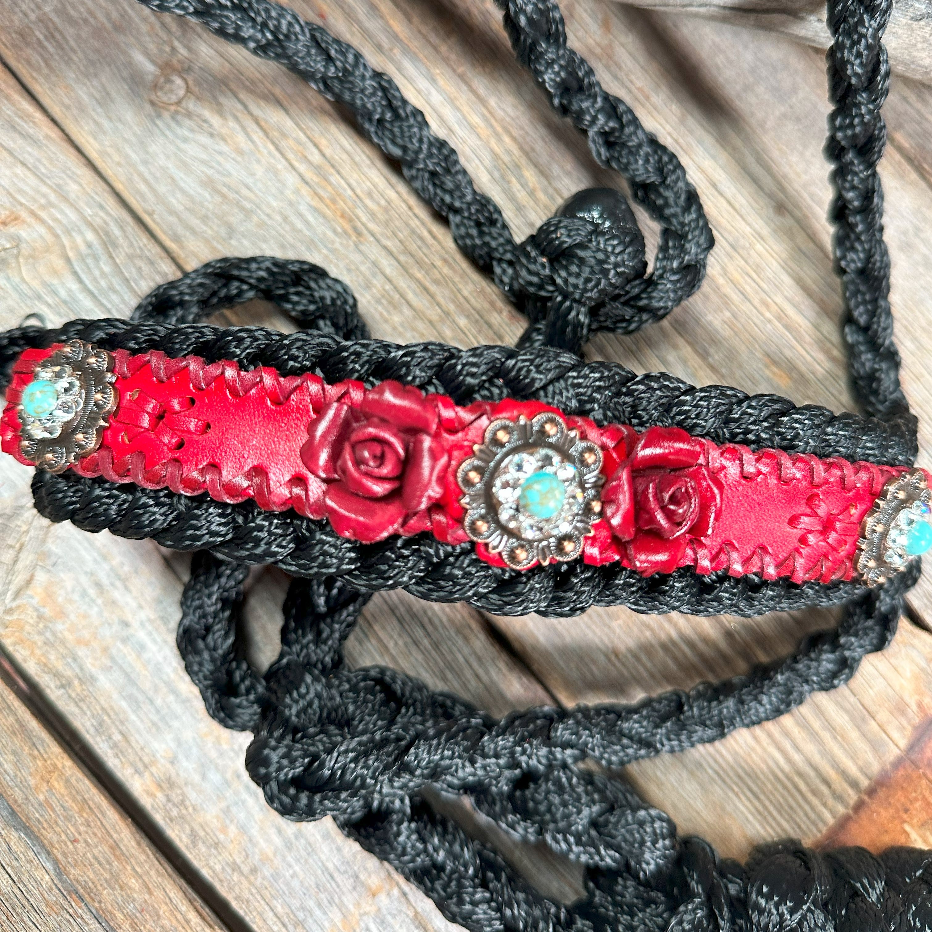 Black Mule Tape Halter - Red Rose and Turquoise #MT220