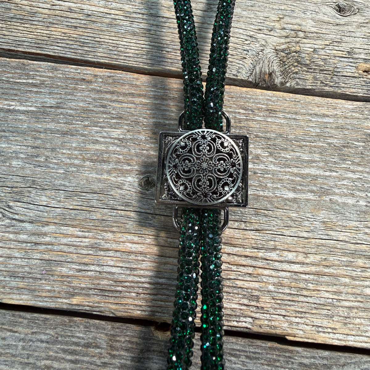 Emerald Rhinestone Bolo Tie with Western Slide