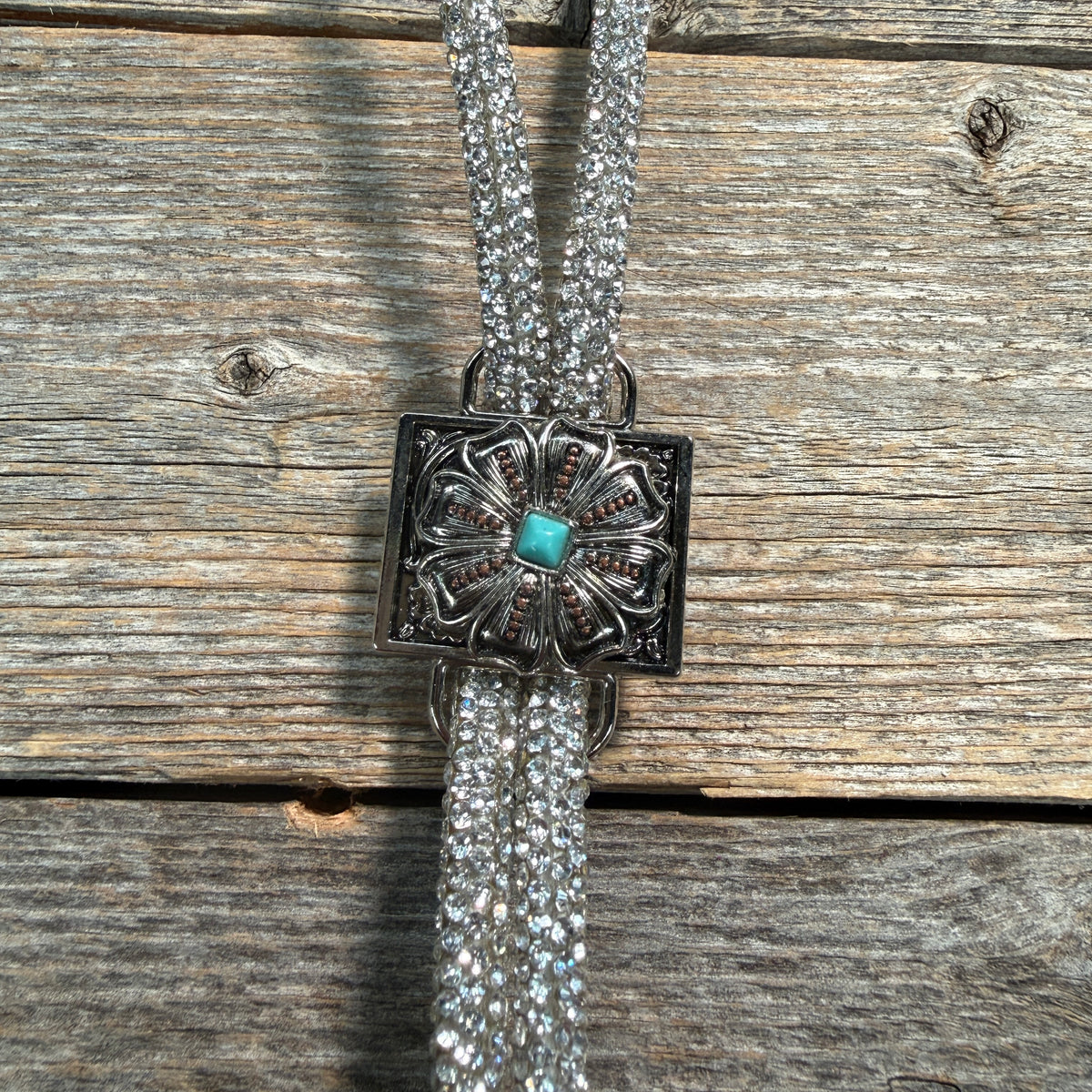 Clear Rhinestone Bolo Tie with Turquoise Slide
