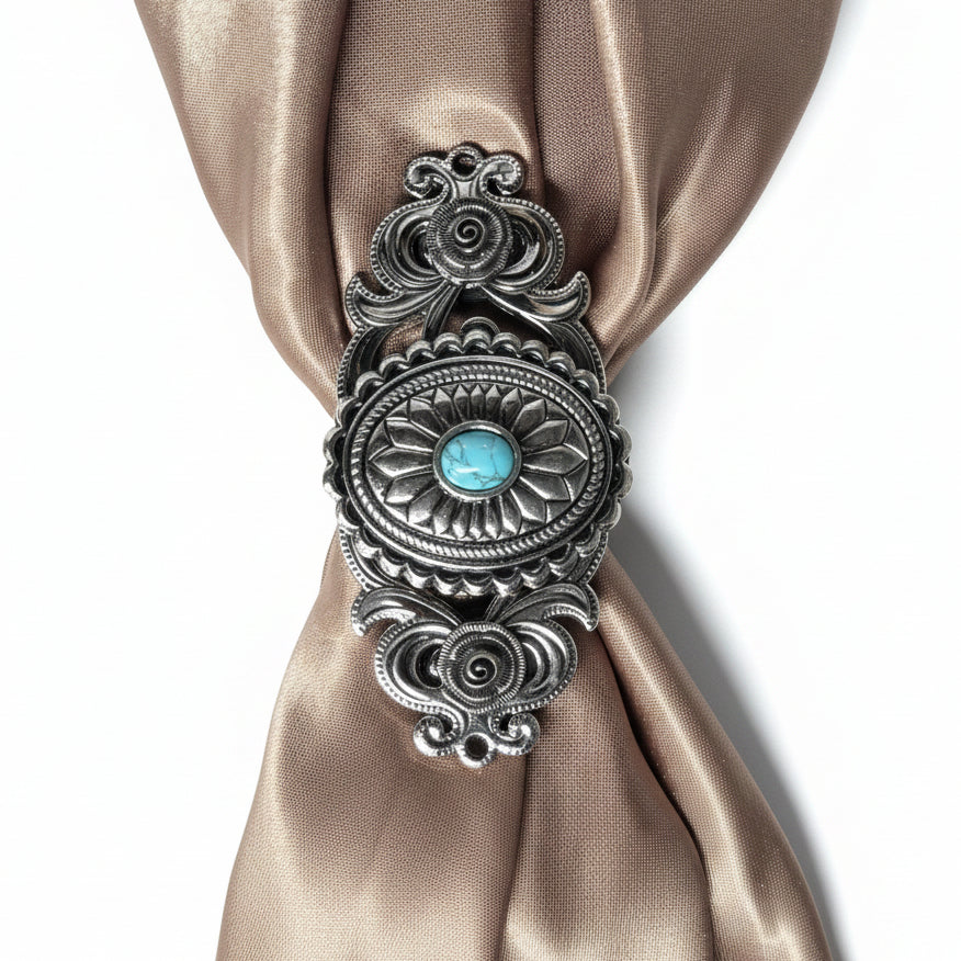 Antique Silver Oval Floral Turquoise Western Concho W237