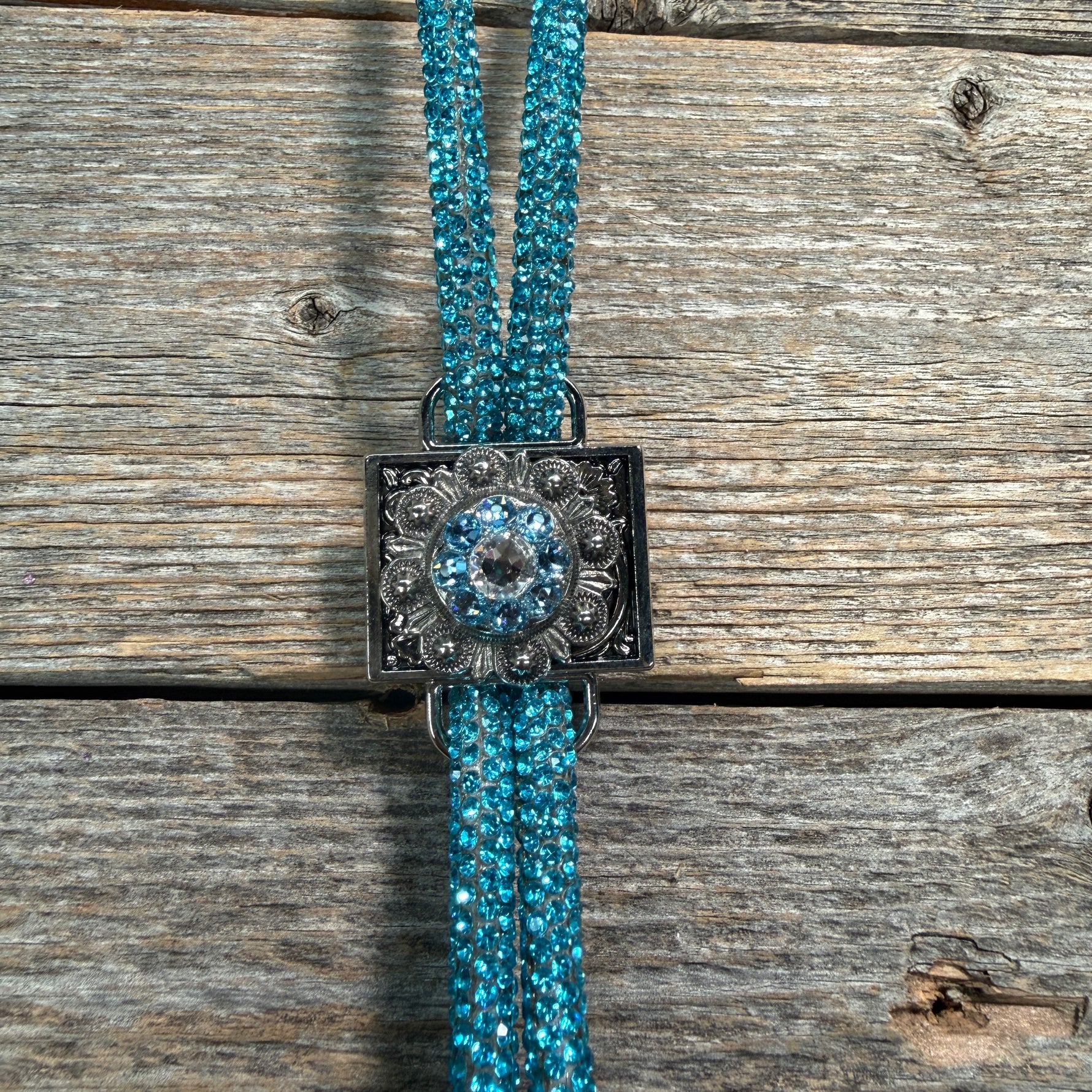 Aqua Rhinestone Bolo Tie with Crystal Slide