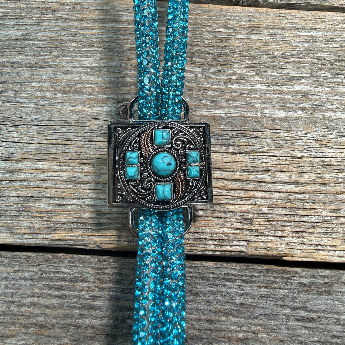Aqua Rhinestone Bolo Tie with Western Slide