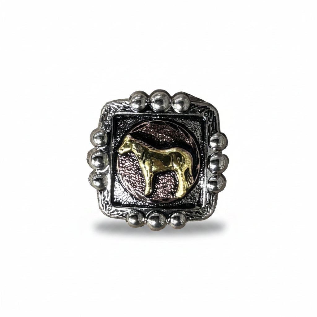Antique Silver Square Concho with Gold Horse Western Concho W186