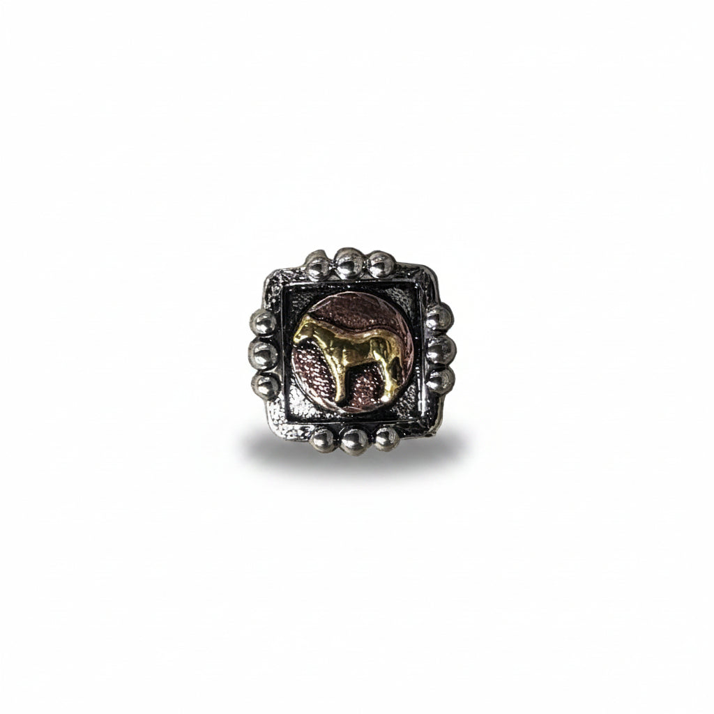 Antique Silver Square Concho with Gold Horse Western Concho W186