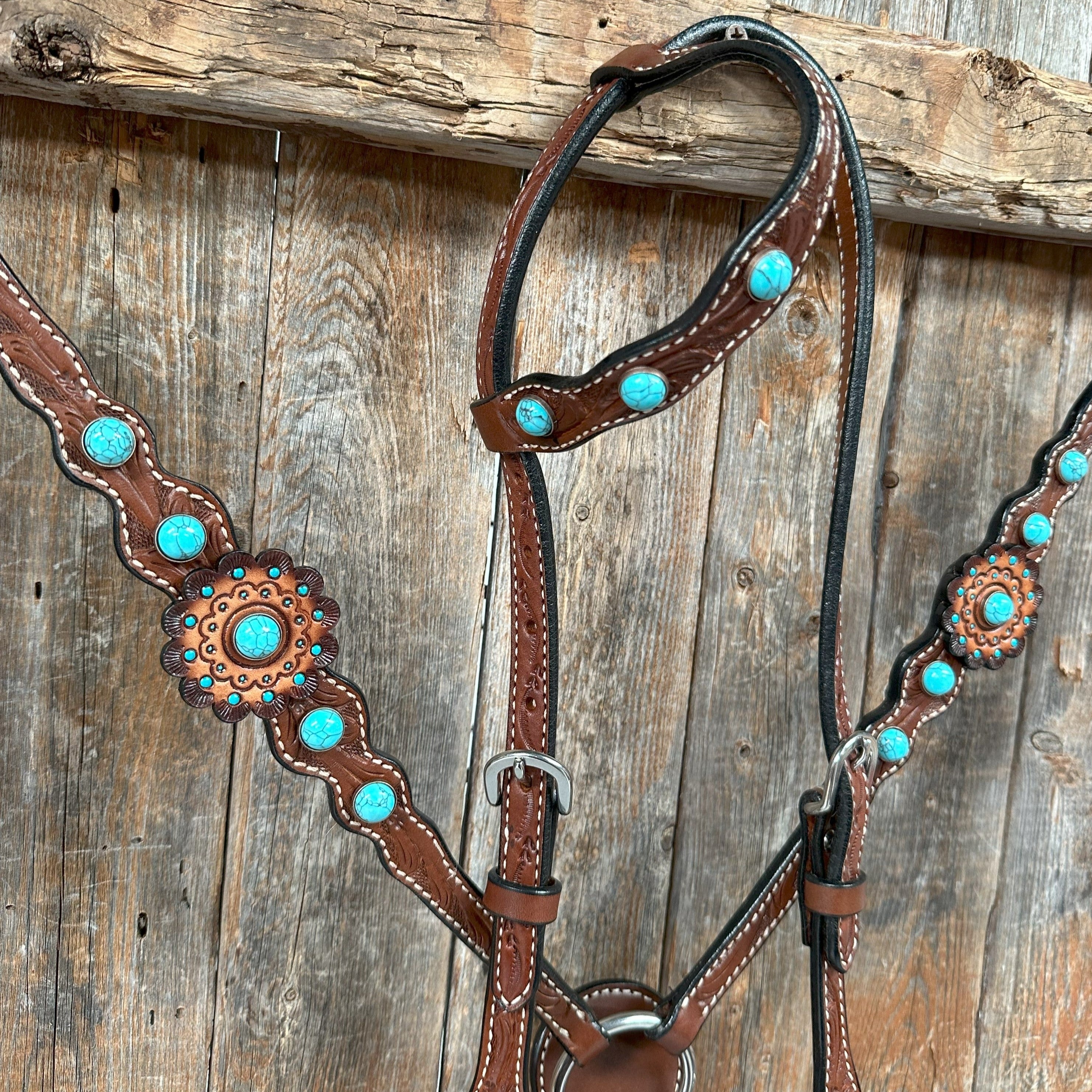 Medium Oil Floral Rosettes and Turquoise One Ear/ Breastcollar Tack Set #OEBC566