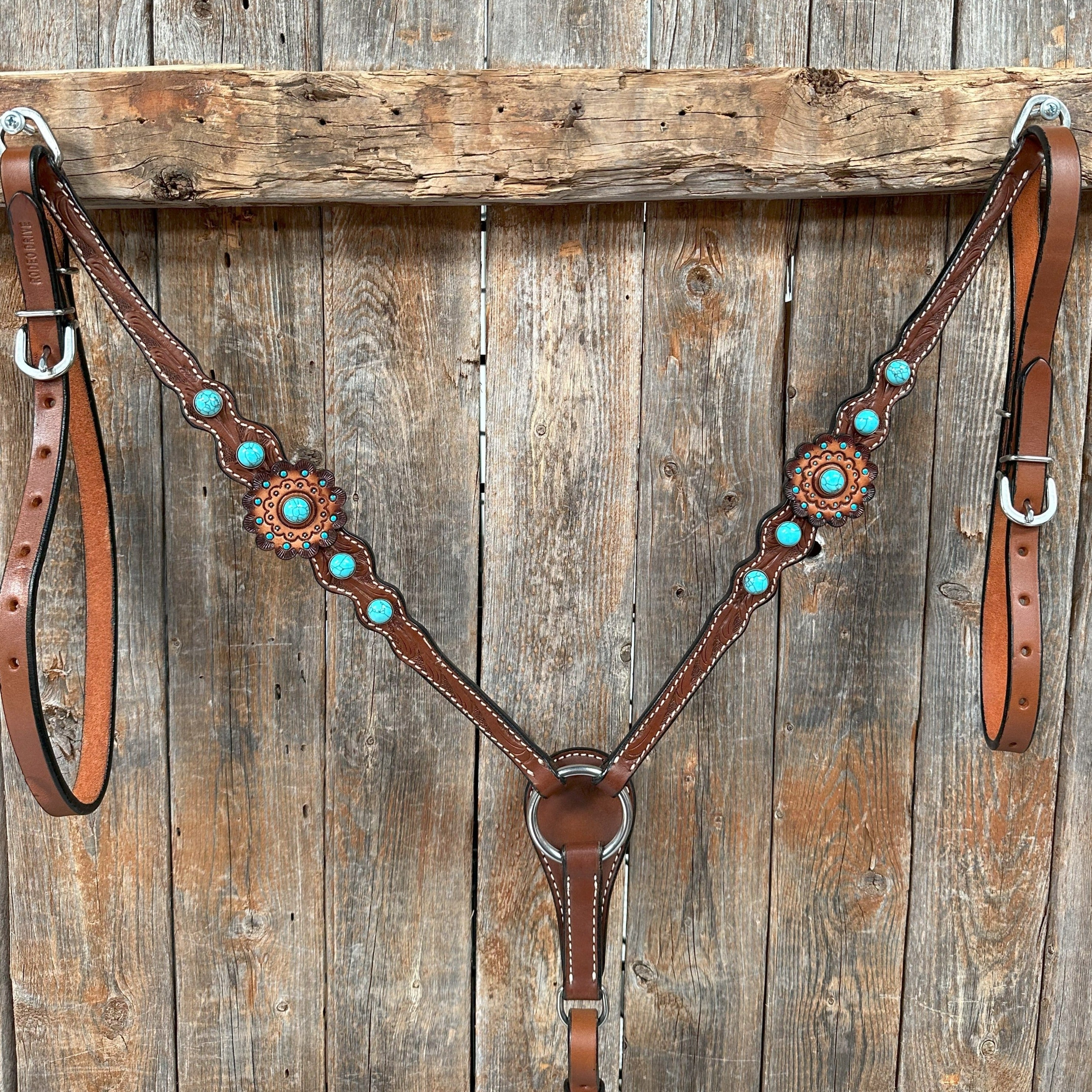 Medium Oil Floral Rosettes and Turquoise One Ear/ Breastcollar Tack Set #OEBC566