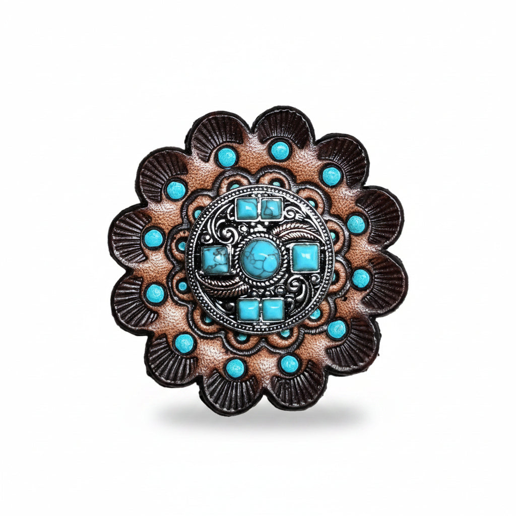 Antique Silver Turquoise and Feather Western Concho W251