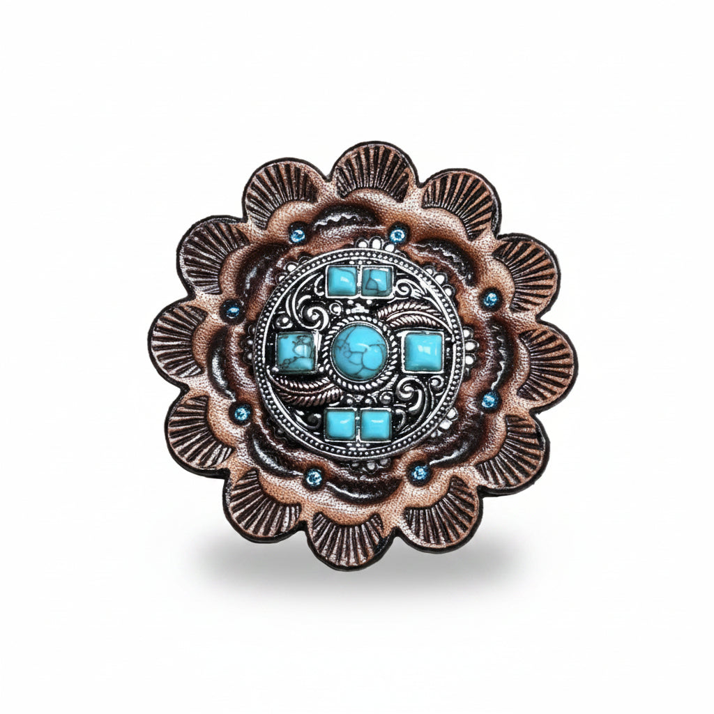 Antique Silver Turquoise and Feather Western Concho W251