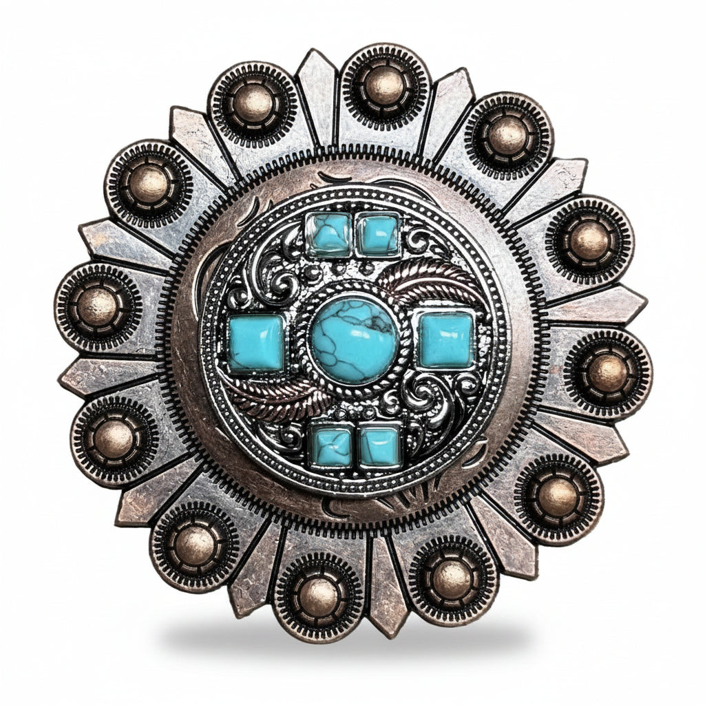 Antique Silver Turquoise and Feather Western Concho W251