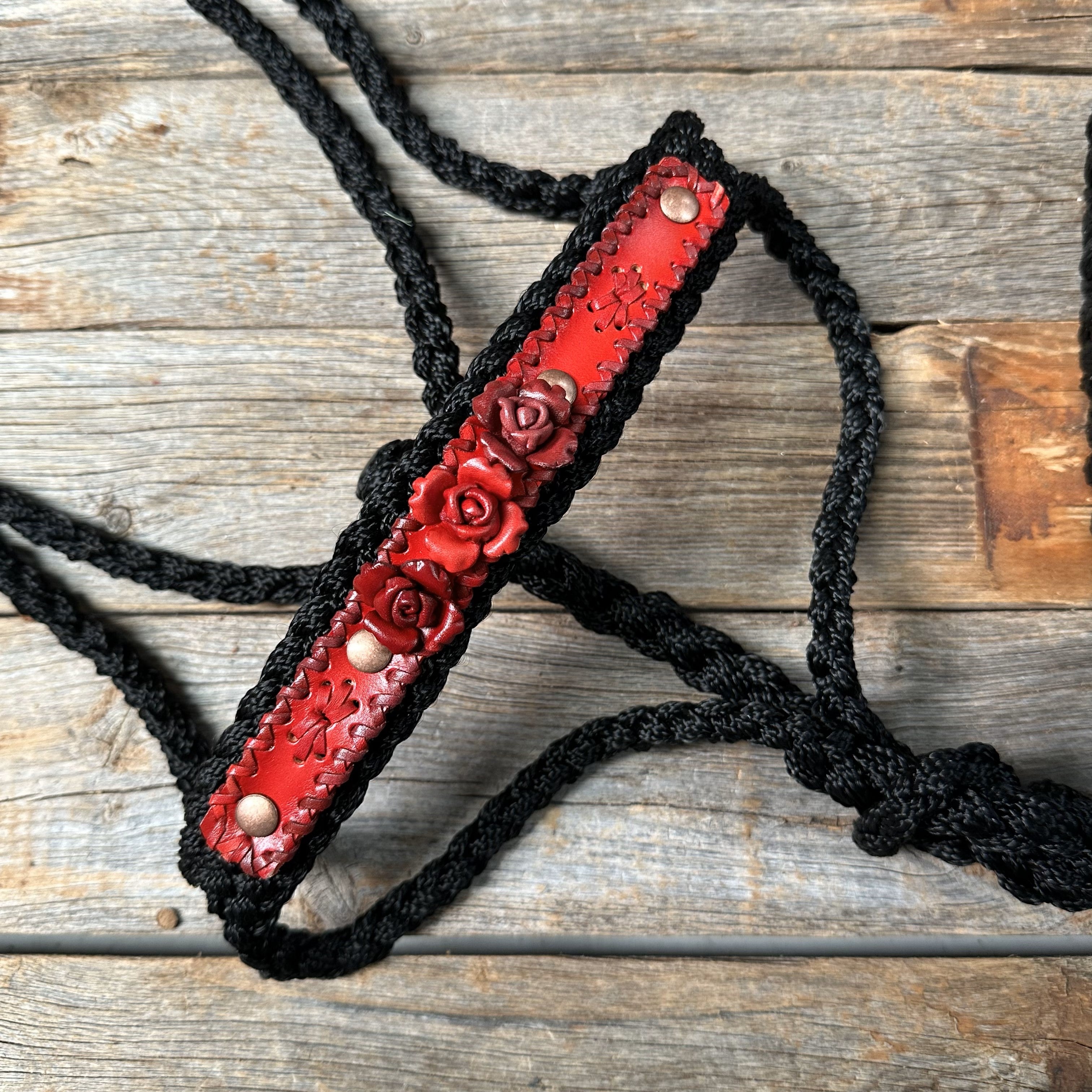 Black Mule Tape Halter - Red Roses #MT221