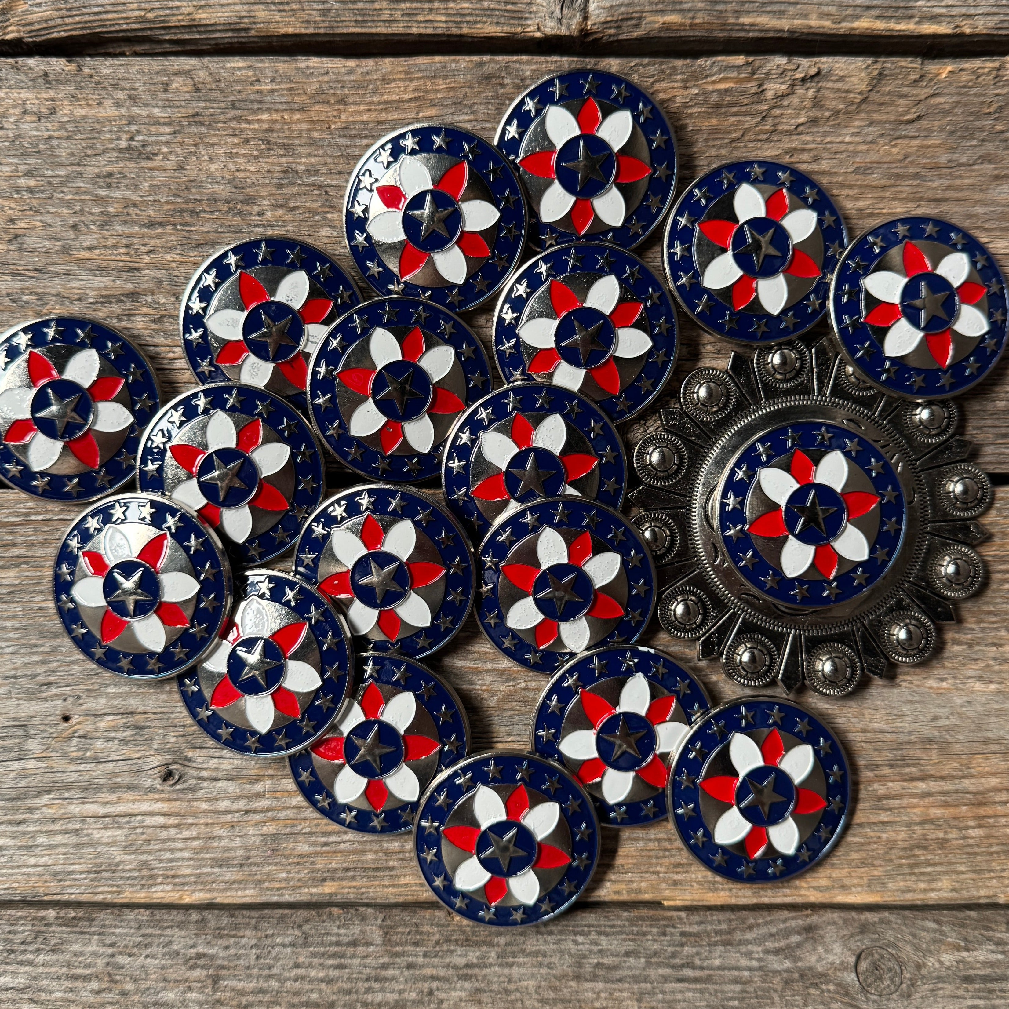 Antique Silver Red, White, and Blue Western Concho W274