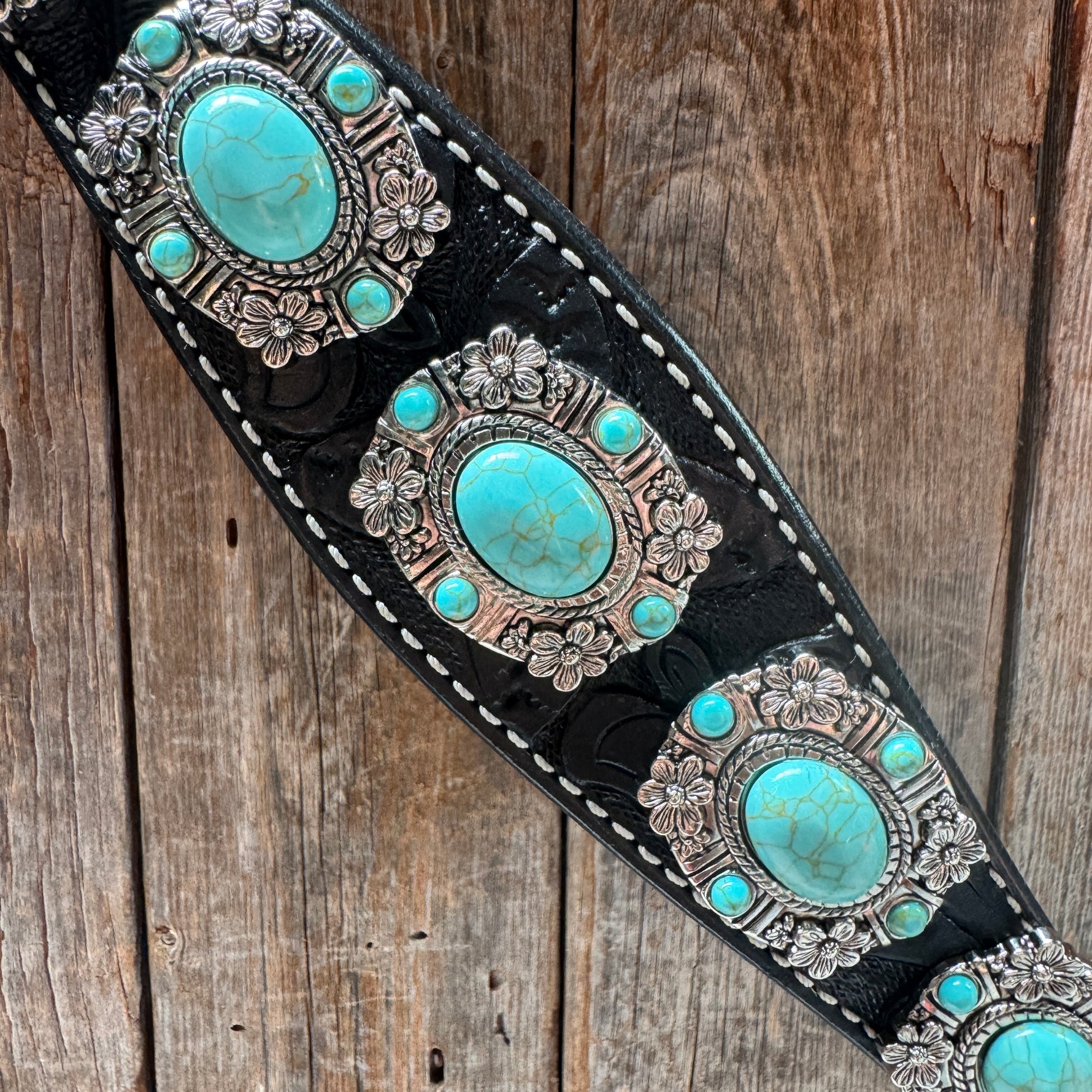 Black Leather V Brow Turquoise Browband Tack Set #BBBC526