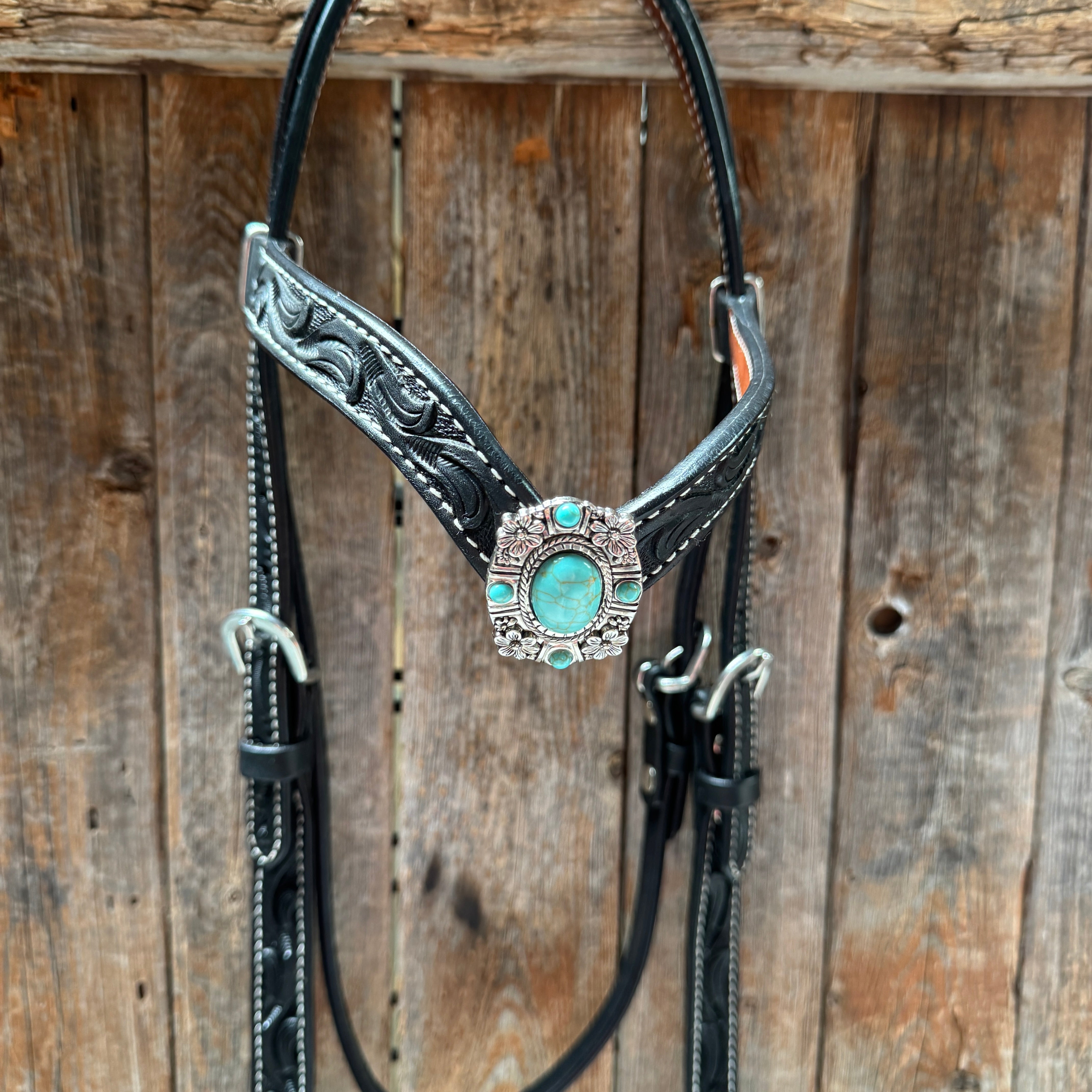 Black Leather V Brow Turquoise Browband Tack Set #BBBC526