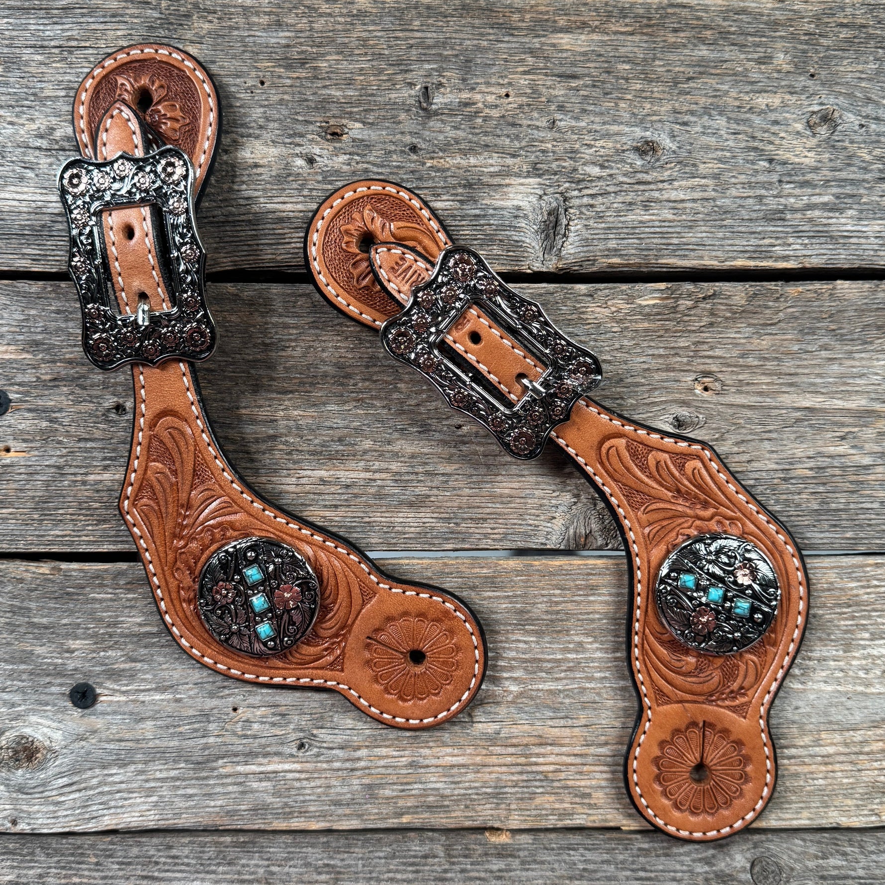 Light Oil Floral Spur Straps | Antique Silver and Copper Conchos #SS145