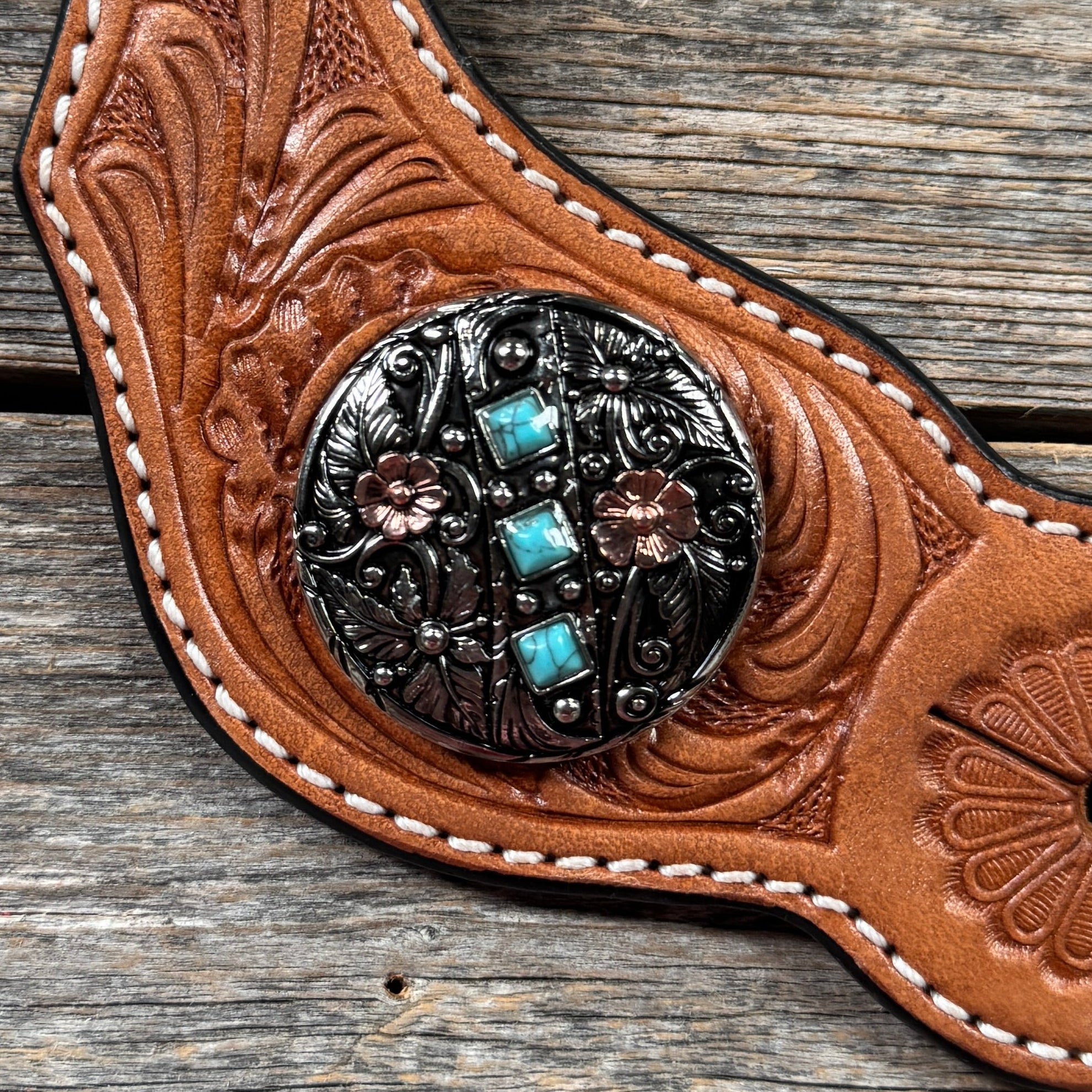 Light Oil Floral Spur Straps | Antique Silver and Copper Conchos #SS145