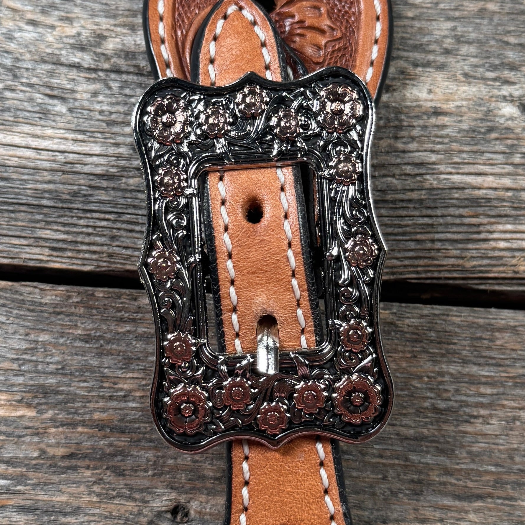 Light Oil Floral Spur Straps | Antique Silver and Copper Conchos #SS145