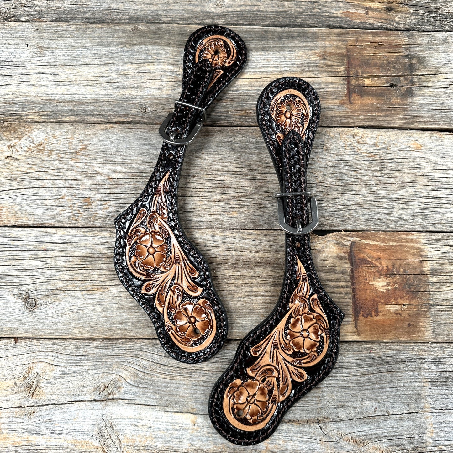Two Tone Floral Tooled Spur Straps