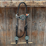 Black Basketweave Checkered and Turquoise Browband | One Ear Tack Set #BBBC523