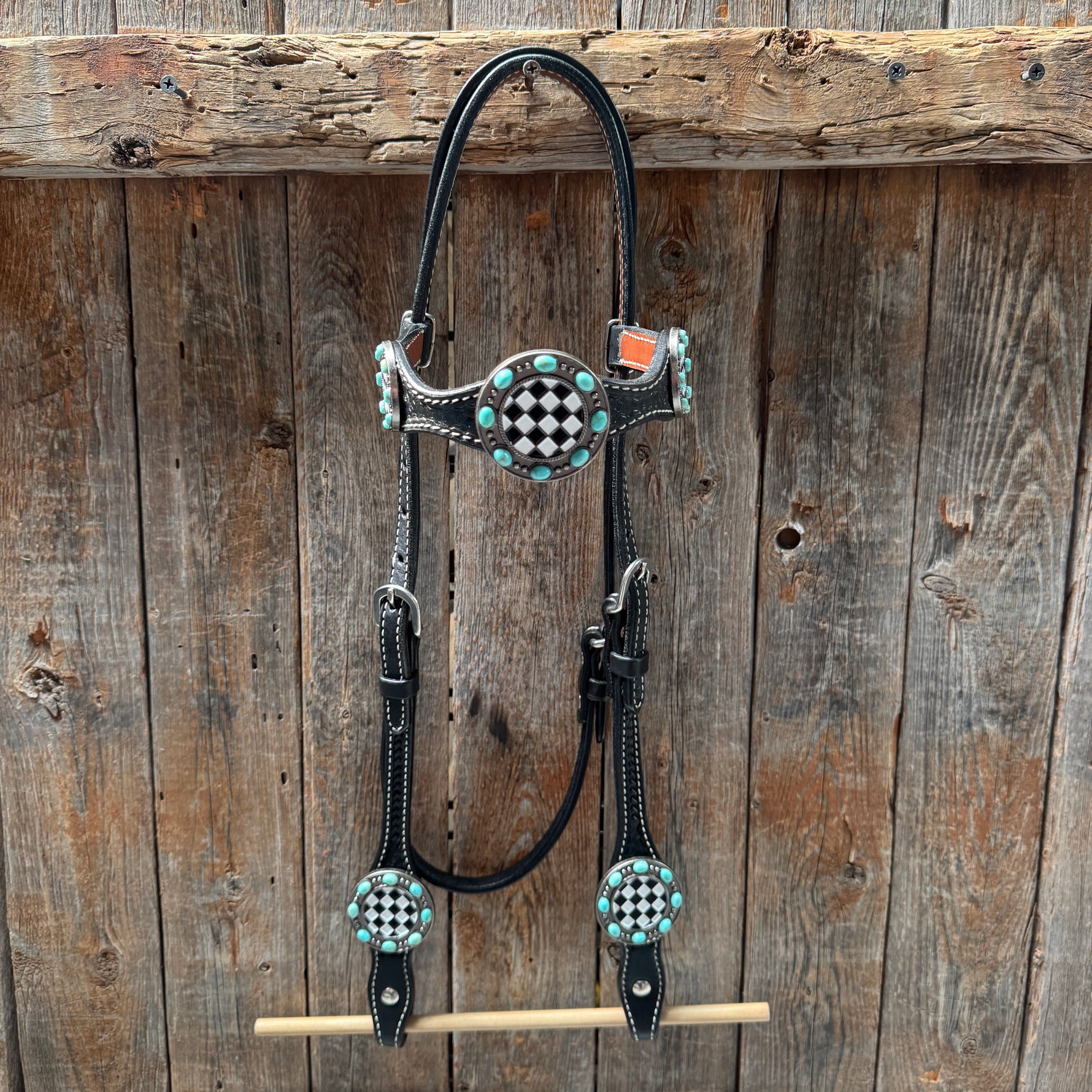 Black Basketweave Checkered and Turquoise Browband | One Ear Tack Set #BBBC523