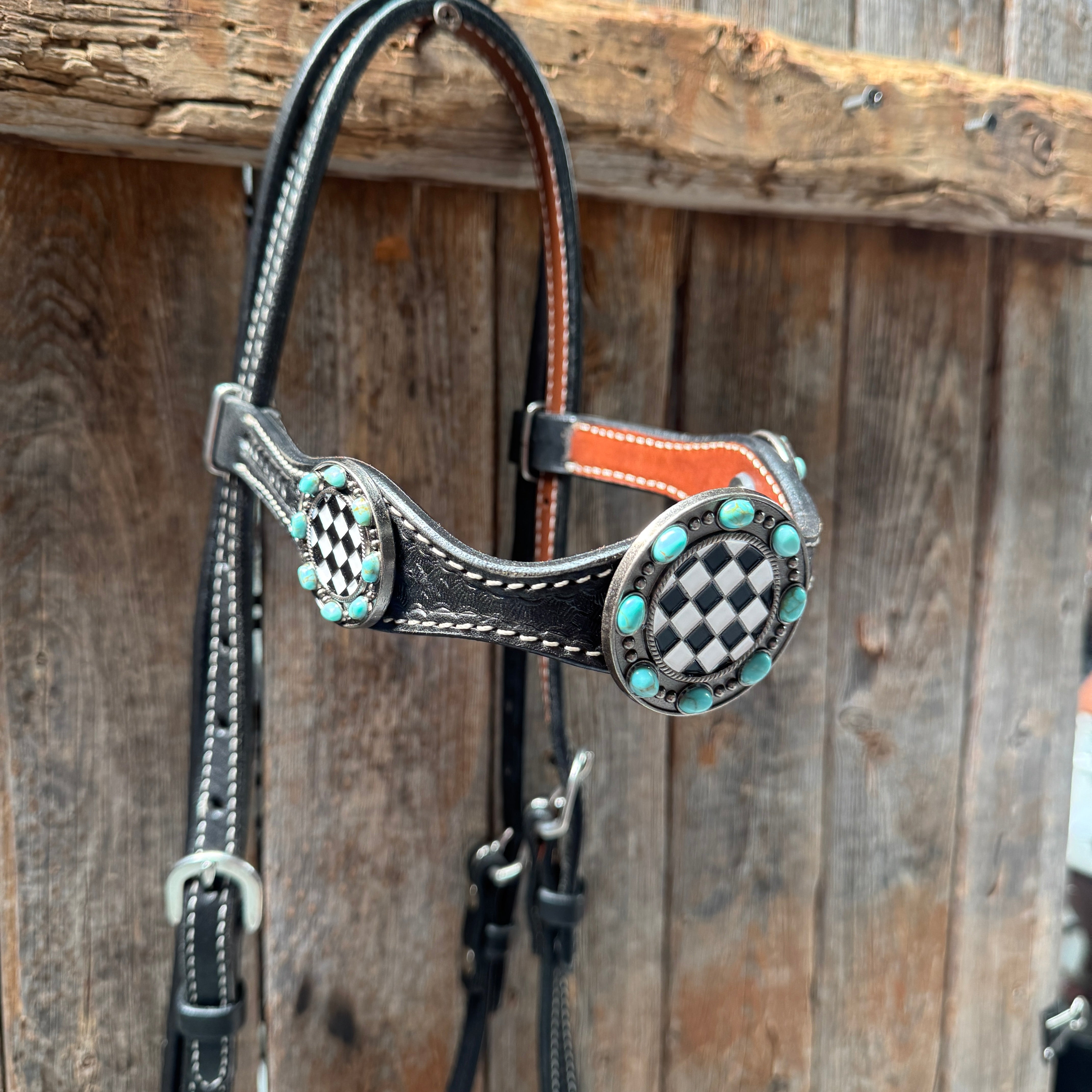 Black Basketweave Checkered and Turquoise Browband | One Ear Tack Set #BBBC523