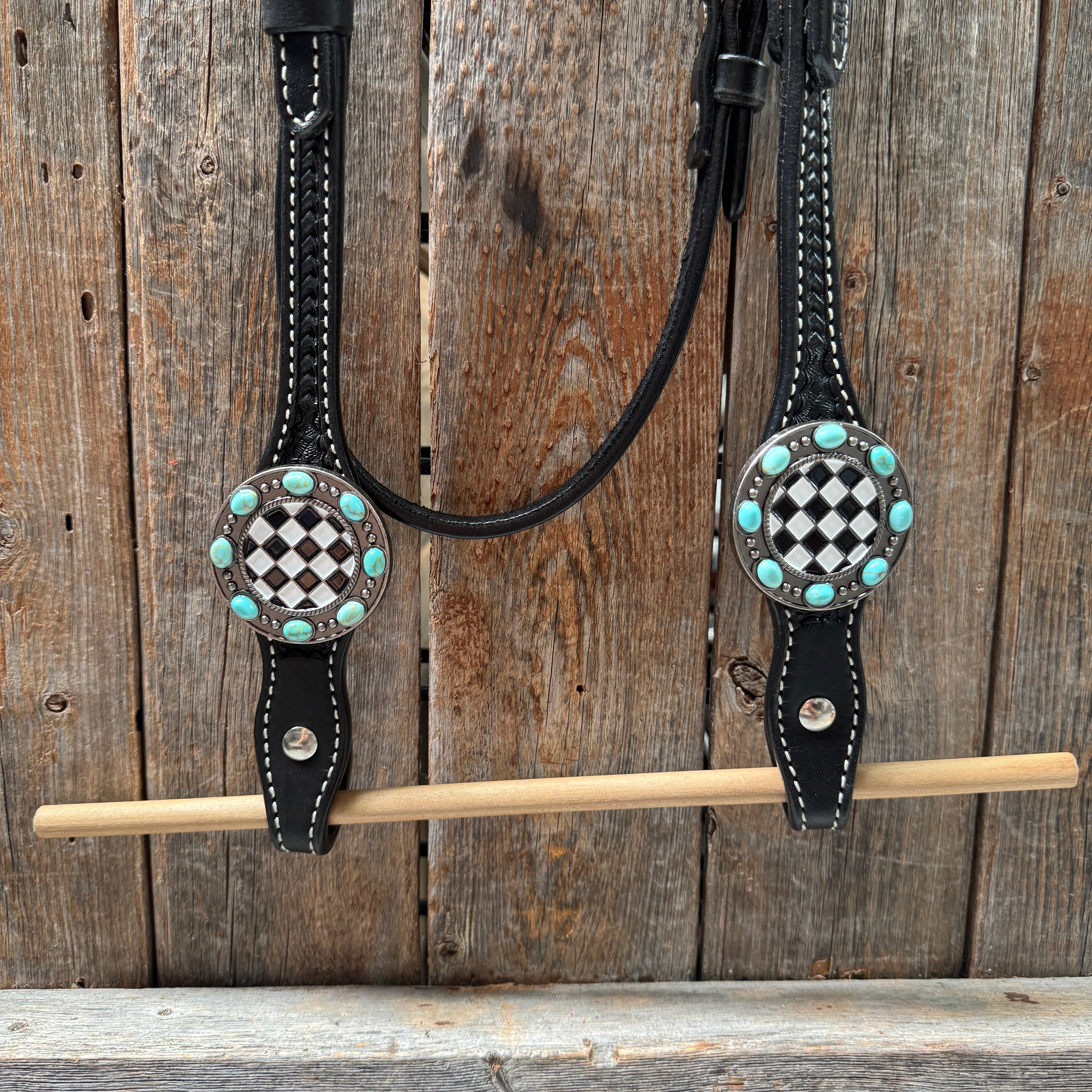 Black Basketweave Checkered and Turquoise Browband | One Ear Tack Set #BBBC523